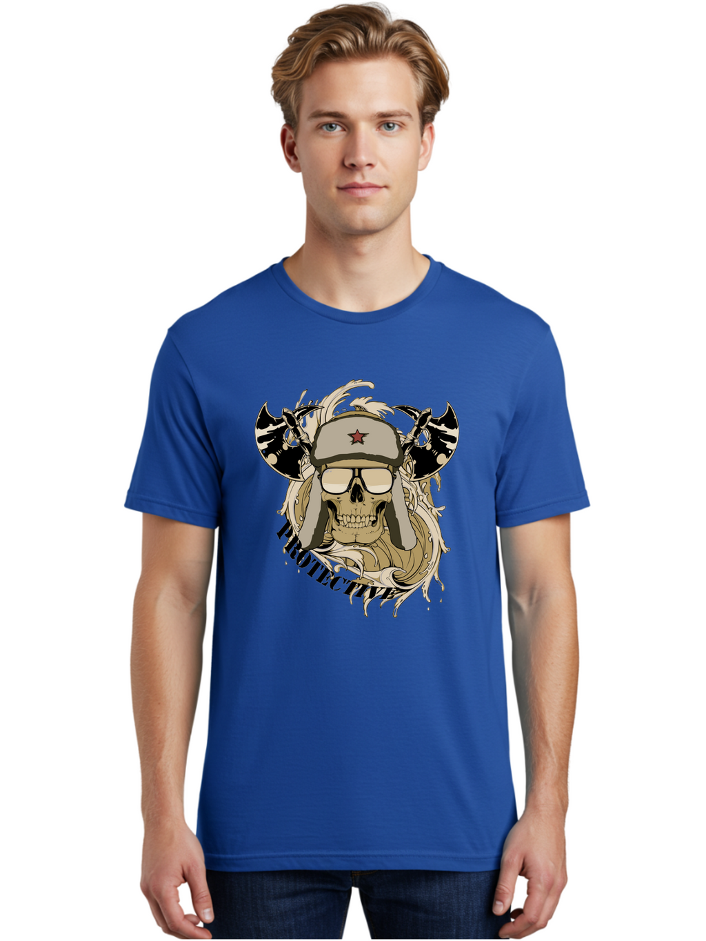 Proactive War Skull Men'S Graphic Tee, 100% Cotton, Comfortable Casual Summer Wear, Machine Washable, Skull Wearing Sunglasses, Futuristic Illustration, Fantasy Art, Edgy Design, Skull Art, Grunge Style, Punk Rock Aesthetic, Rebellious Vibe Aae588