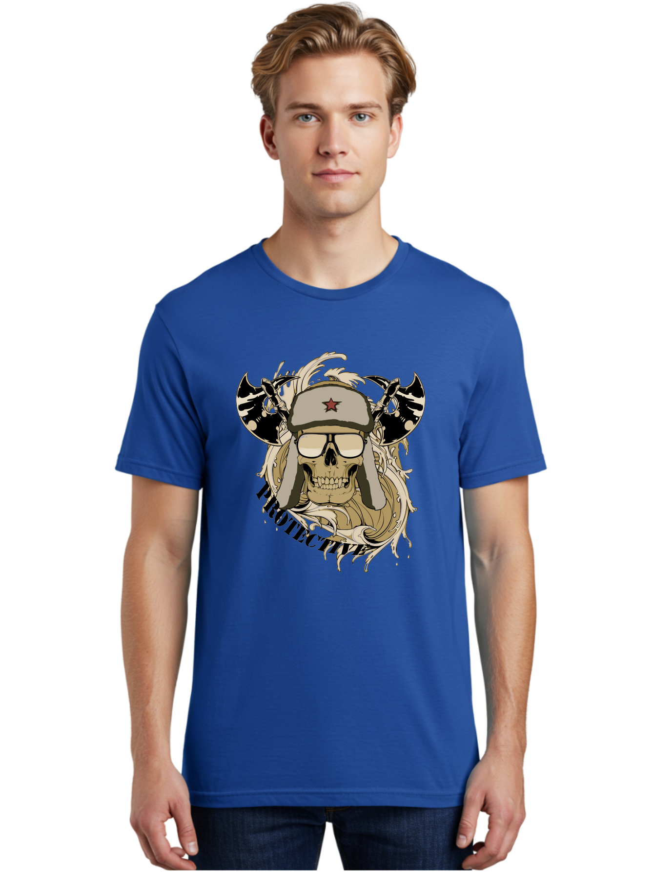 Proactive War Skull Men'S Graphic Tee, 100% Cotton, Comfortable Casual Summer Wear, Machine Washable, Skull Wearing Sunglasses, Futuristic Illustration, Fantasy Art, Edgy Design, Skull Art, Grunge Style, Punk Rock Aesthetic, Rebellious Vibe Aae588