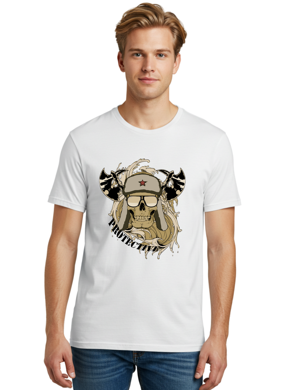 Proactive War Skull Men'S Graphic Tee, 100% Cotton, Comfortable Casual Summer Wear, Machine Washable, Skull Wearing Sunglasses, Futuristic Illustration, Fantasy Art, Edgy Design, Skull Art, Grunge Style, Punk Rock Aesthetic, Rebellious Vibe Aae588