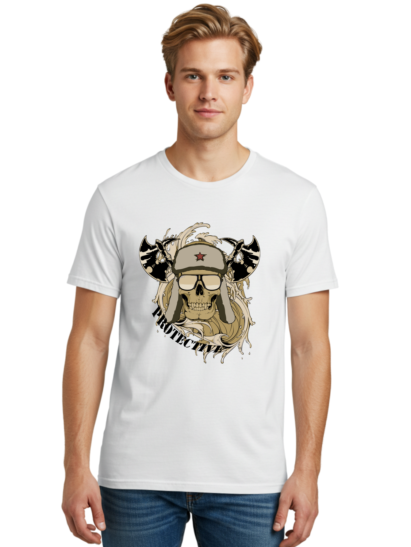Proactive War Skull Men'S Graphic Tee, 100% Cotton, Comfortable Casual Summer Wear, Machine Washable, Skull Wearing Sunglasses, Futuristic Illustration, Fantasy Art, Edgy Design, Skull Art, Grunge Style, Punk Rock Aesthetic, Rebellious Vibe Aae588