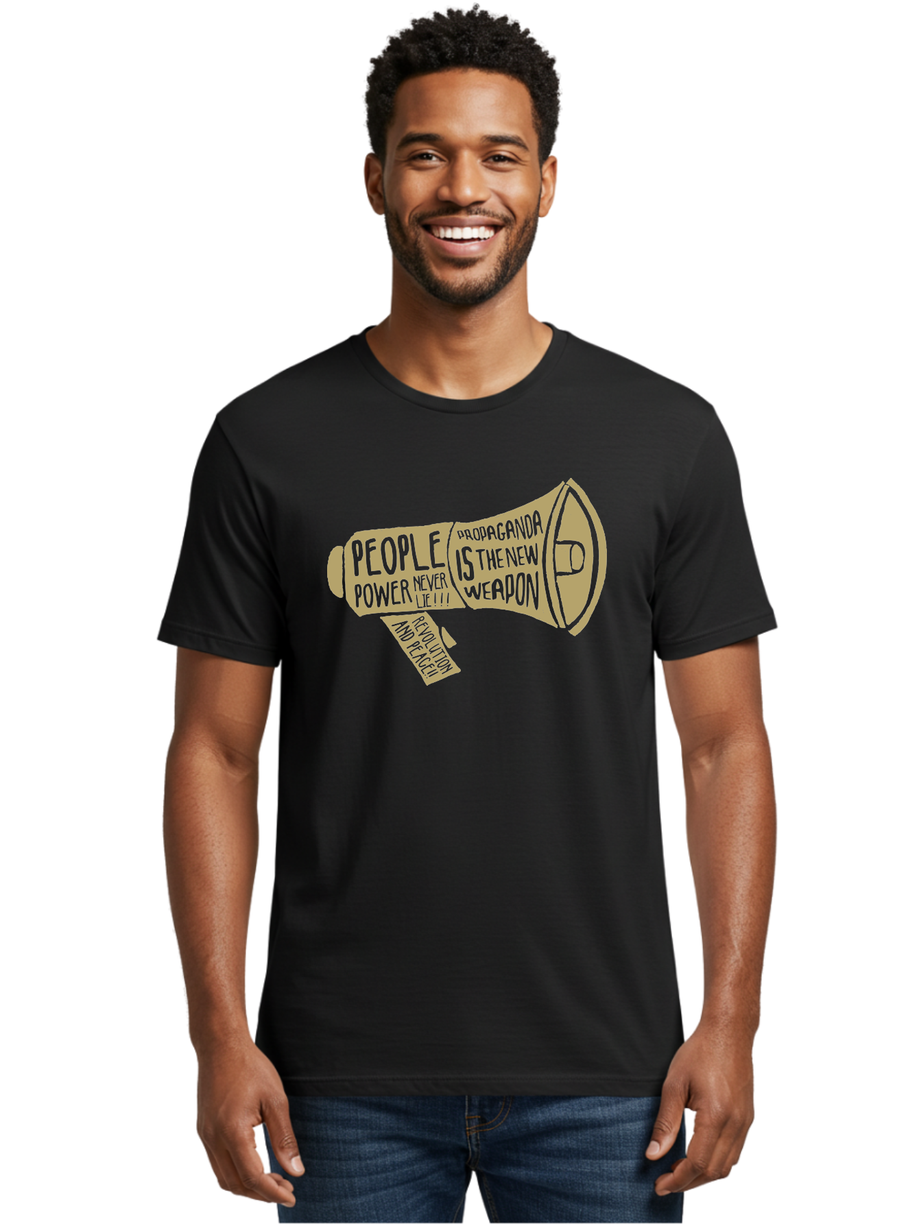 Propaganda Men'S Graphic Tee, 100% Cotton, Comfortable Casual Summer Wear, Machine Washable, Megaphone Illustration, Protest And Activism, People Power, Propaganda, Manipulation, Social Commentary, Bold Typography, Protest Signs, Aae589