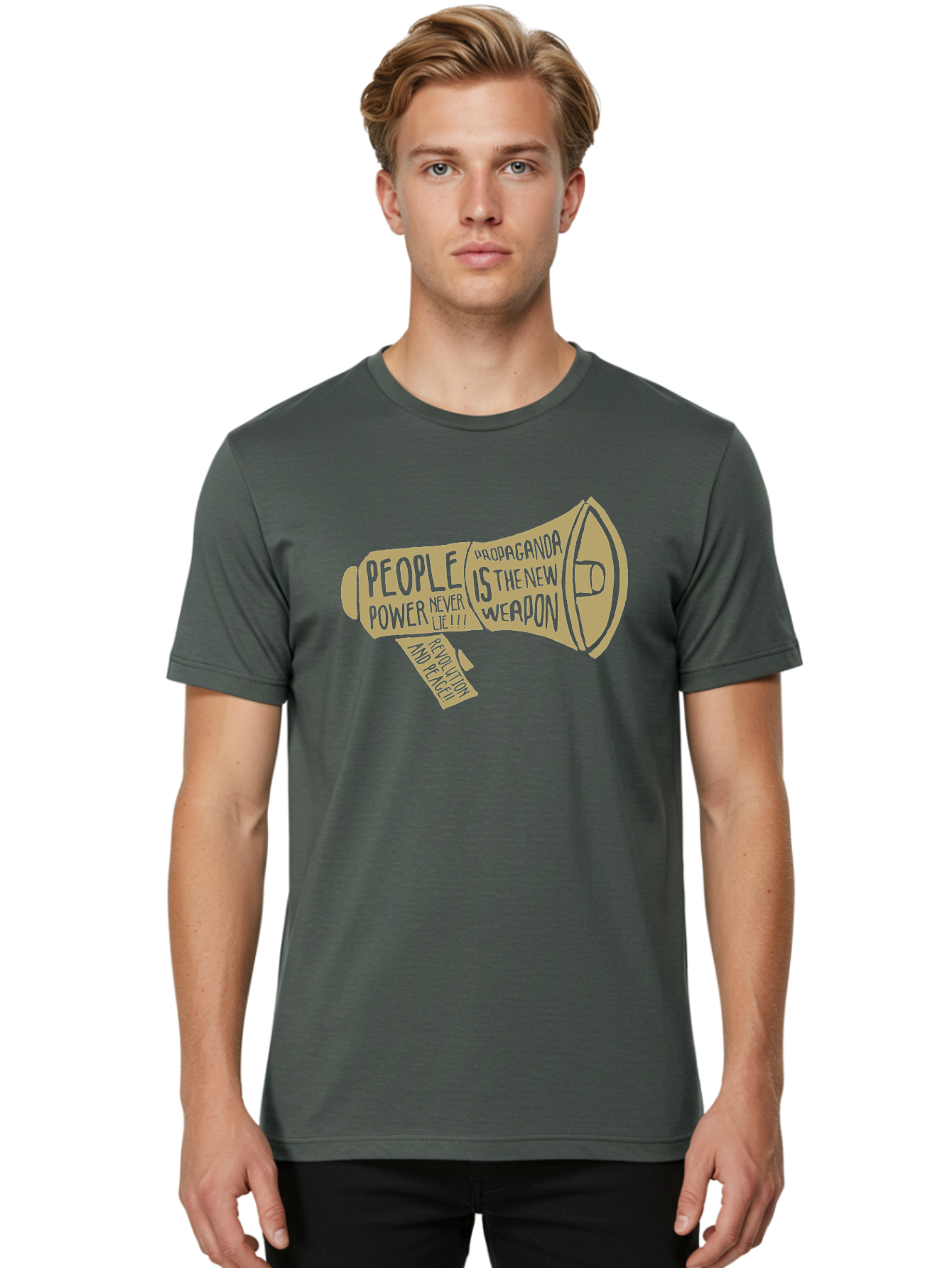 Propaganda Men'S Graphic Tee, 100% Cotton, Comfortable Casual Summer Wear, Machine Washable, Megaphone Illustration, Protest And Activism, People Power, Propaganda, Manipulation, Social Commentary, Bold Typography, Protest Signs, Aae589