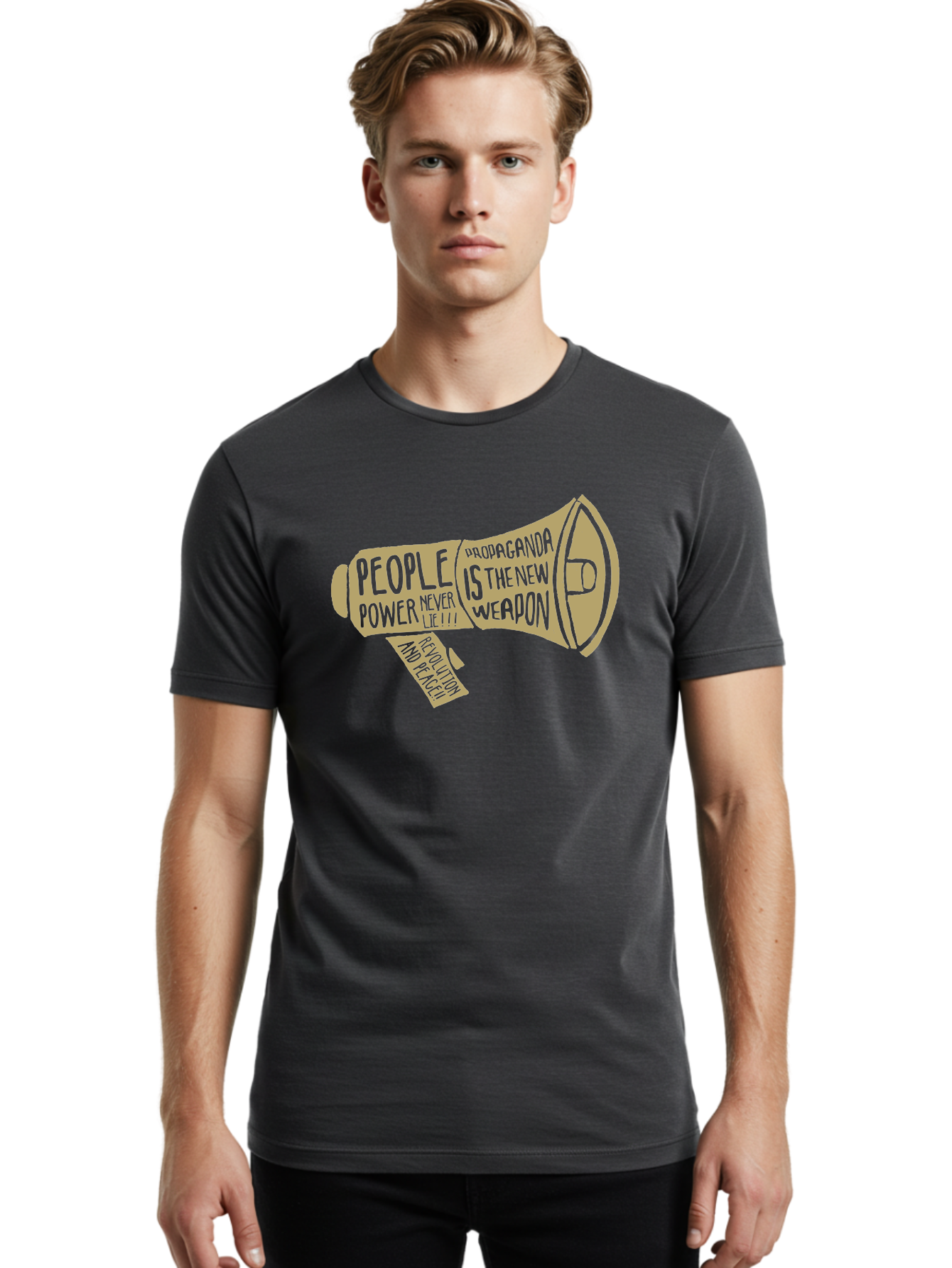 Propaganda Men'S Graphic Tee, 100% Cotton, Comfortable Casual Summer Wear, Machine Washable, Megaphone Illustration, Protest And Activism, People Power, Propaganda, Manipulation, Social Commentary, Bold Typography, Protest Signs, Aae589