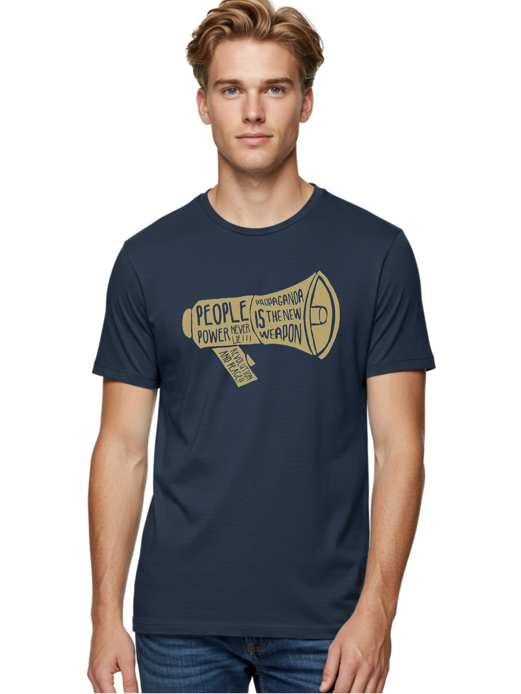 Propaganda Men'S Graphic Tee, 100% Cotton, Comfortable Casual Summer Wear, Machine Washable, Megaphone Illustration, Protest And Activism, People Power, Propaganda, Manipulation, Social Commentary, Bold Typography, Protest Signs, Aae589