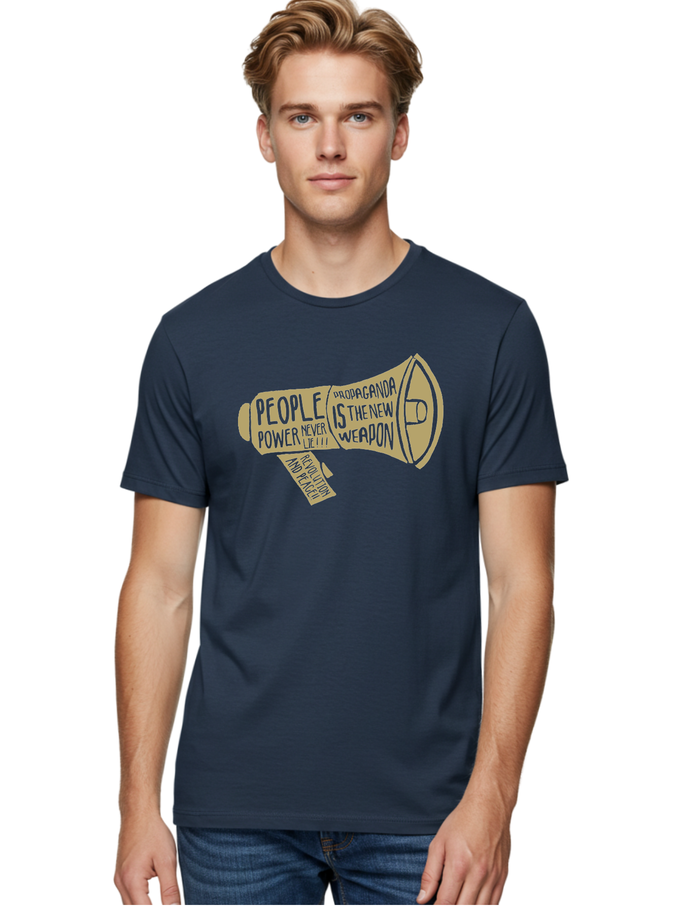 Propaganda Men'S Graphic Tee, 100% Cotton, Comfortable Casual Summer Wear, Machine Washable, Megaphone Illustration, Protest And Activism, People Power, Propaganda, Manipulation, Social Commentary, Bold Typography, Protest Signs, Aae589