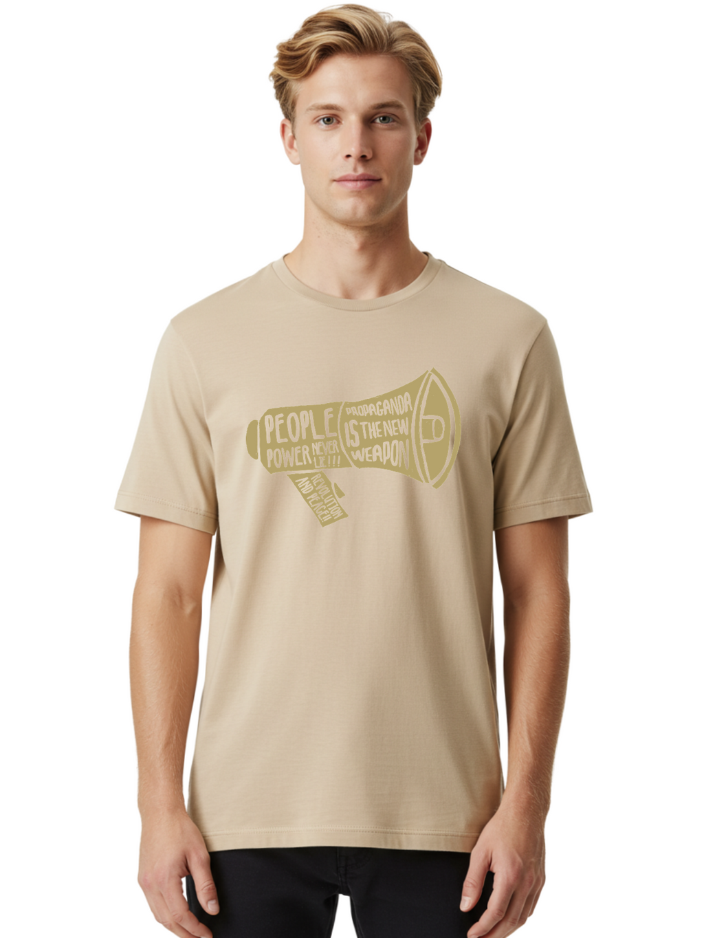 Propaganda Men'S Graphic Tee, 100% Cotton, Comfortable Casual Summer Wear, Machine Washable, Megaphone Illustration, Protest And Activism, People Power, Propaganda, Manipulation, Social Commentary, Bold Typography, Protest Signs, Aae589