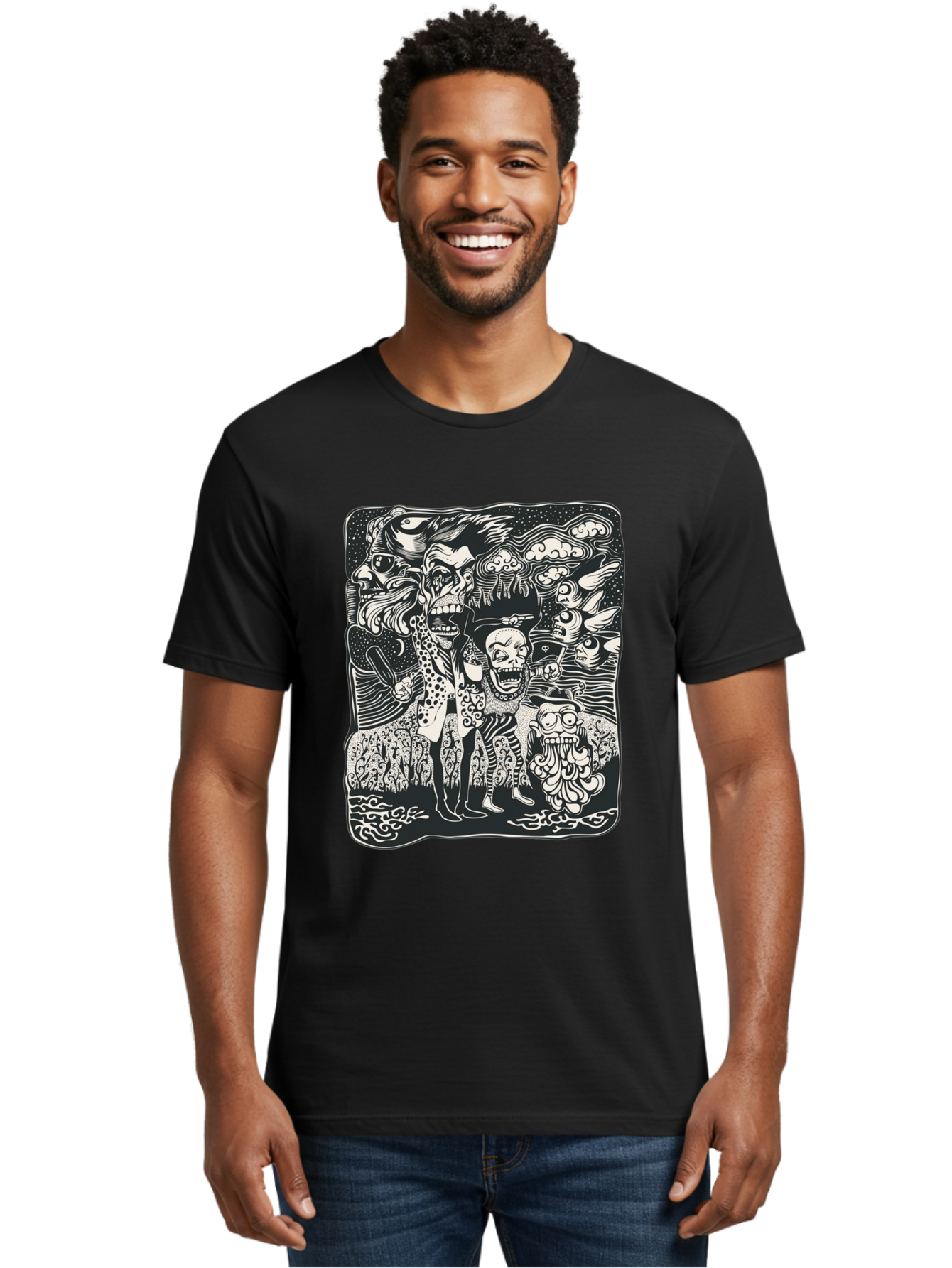 Psycho Parade Men'S Graphic Tee, 100% Cotton, Comfortable Casual Summer Wear, Machine Washable, Pirate Skeletons, Skulls, Zombies, Creepy Figures, Pirate Crew, Black And White Illustration, Detailed Artwork, Abstract Background Aae595