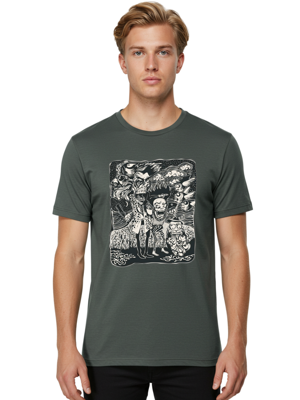 Psycho Parade Men'S Graphic Tee, 100% Cotton, Comfortable Casual Summer Wear, Machine Washable, Pirate Skeletons, Skulls, Zombies, Creepy Figures, Pirate Crew, Black And White Illustration, Detailed Artwork, Abstract Background Aae595