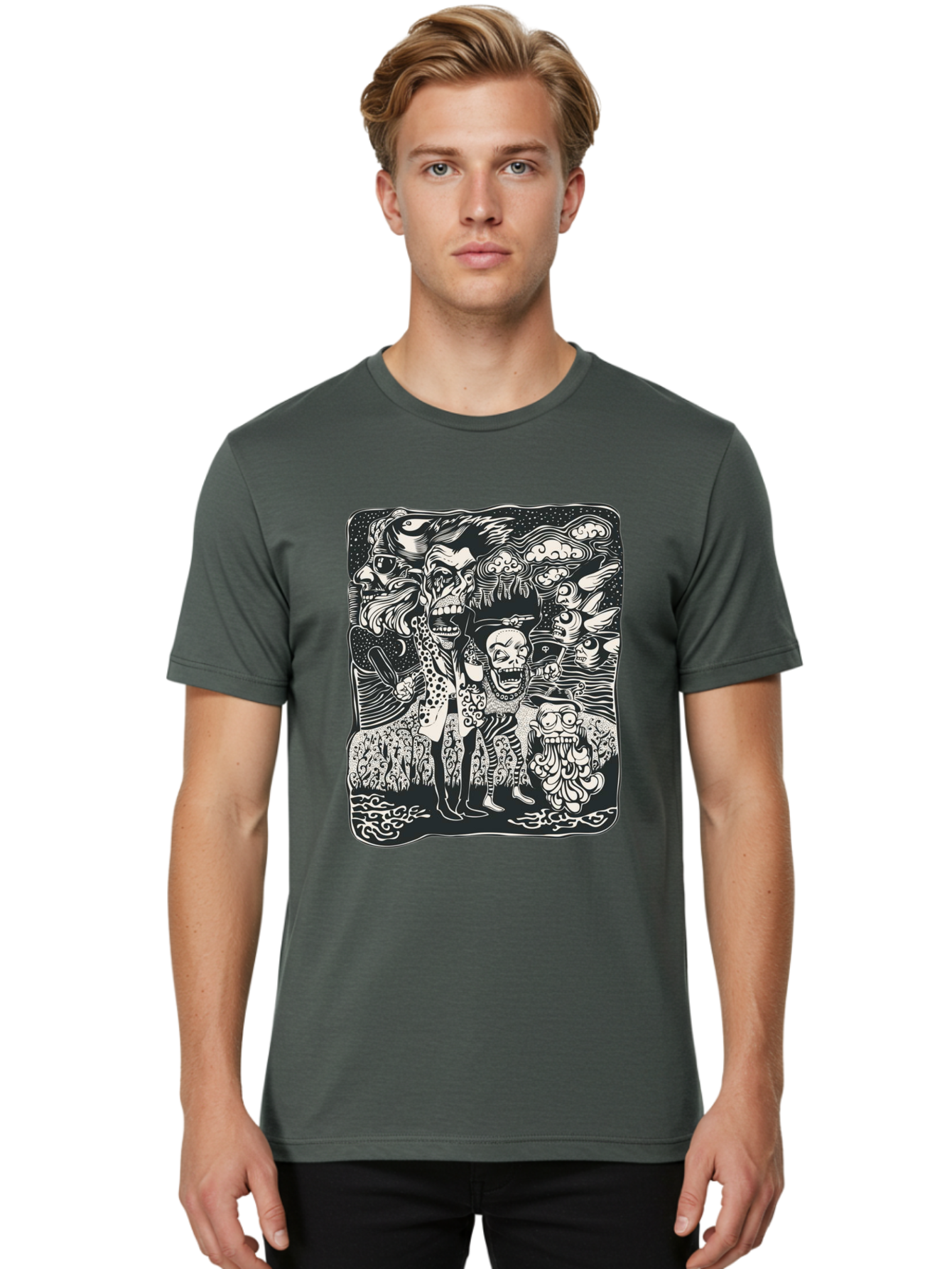 Psycho Parade Men'S Graphic Tee, 100% Cotton, Comfortable Casual Summer Wear, Machine Washable, Pirate Skeletons, Skulls, Zombies, Creepy Figures, Pirate Crew, Black And White Illustration, Detailed Artwork, Abstract Background Aae595
