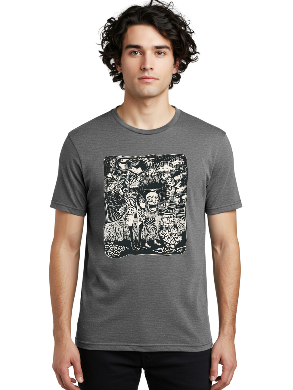 Psycho Parade Men'S Graphic Tee, 100% Cotton, Comfortable Casual Summer Wear, Machine Washable, Pirate Skeletons, Skulls, Zombies, Creepy Figures, Pirate Crew, Black And White Illustration, Detailed Artwork, Abstract Background Aae595
