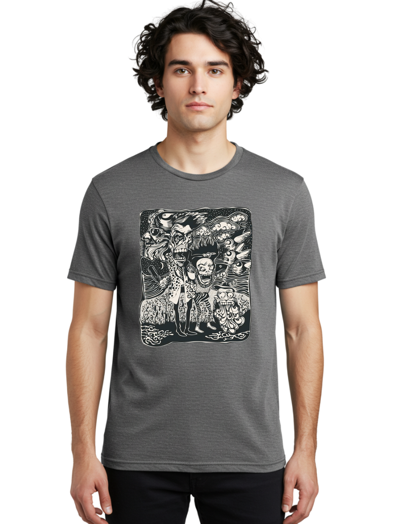 Psycho Parade Men'S Graphic Tee, 100% Cotton, Comfortable Casual Summer Wear, Machine Washable, Pirate Skeletons, Skulls, Zombies, Creepy Figures, Pirate Crew, Black And White Illustration, Detailed Artwork, Abstract Background Aae595