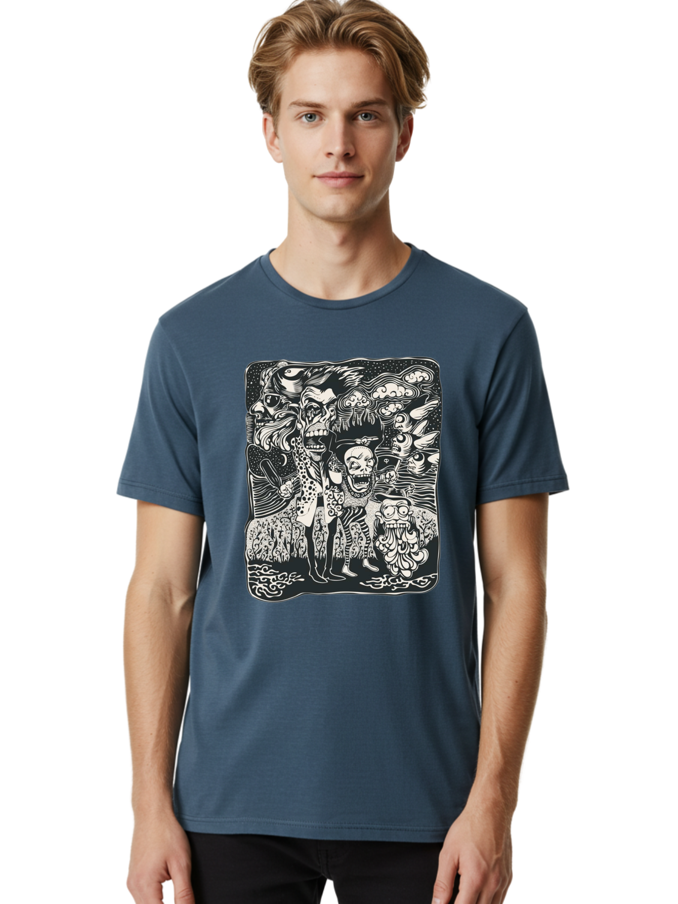 Psycho Parade Men'S Graphic Tee, 100% Cotton, Comfortable Casual Summer Wear, Machine Washable, Pirate Skeletons, Skulls, Zombies, Creepy Figures, Pirate Crew, Black And White Illustration, Detailed Artwork, Abstract Background Aae595