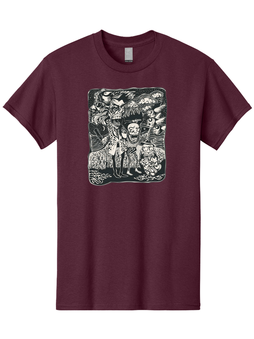 Psycho Parade Men'S Graphic Tee, 100% Cotton, Comfortable Casual Summer Wear, Machine Washable, Pirate Skeletons, Skulls, Zombies, Creepy Figures, Pirate Crew, Black And White Illustration, Detailed Artwork, Abstract Background Aae595