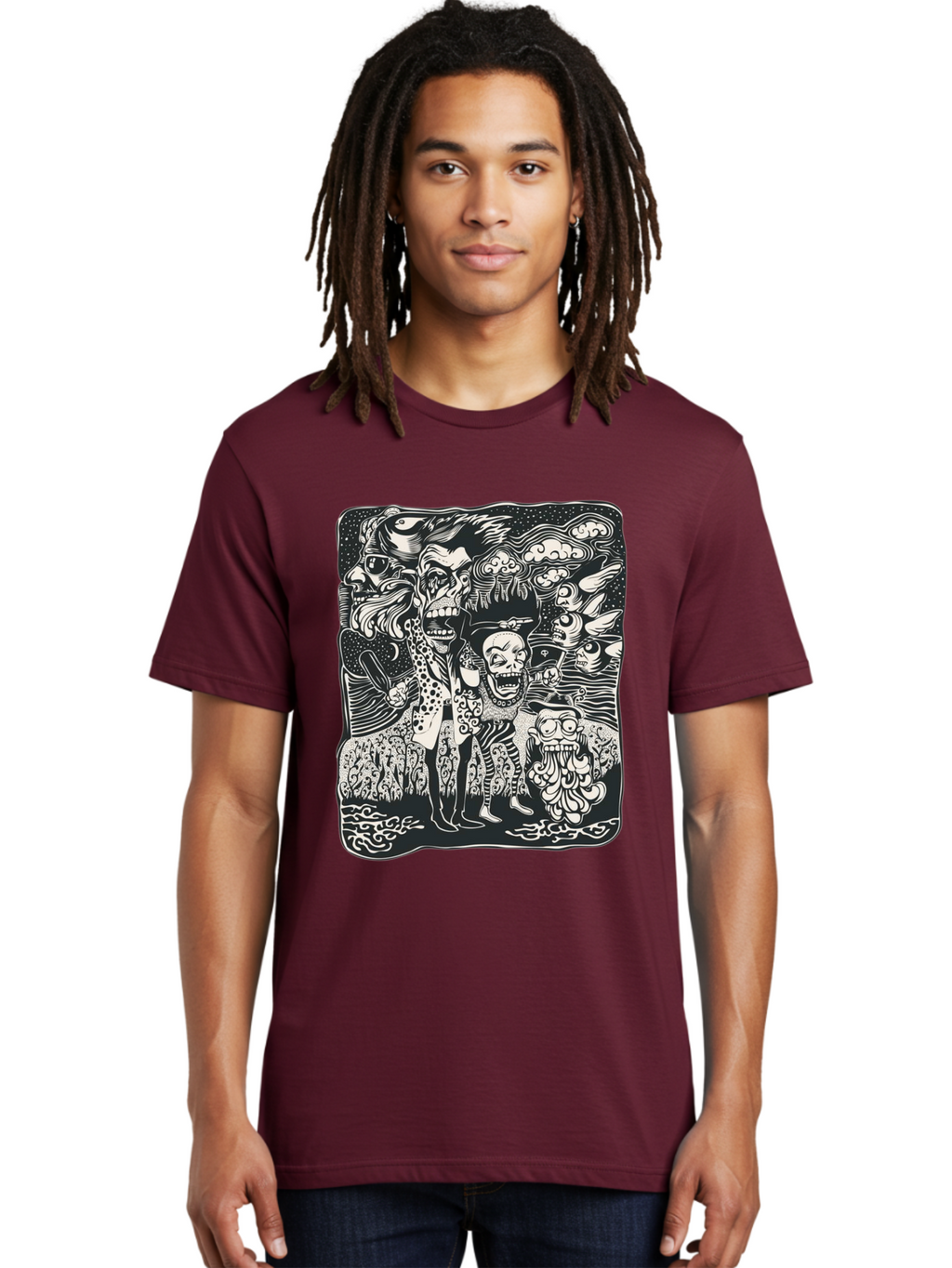 Psycho Parade Men'S Graphic Tee, 100% Cotton, Comfortable Casual Summer Wear, Machine Washable, Pirate Skeletons, Skulls, Zombies, Creepy Figures, Pirate Crew, Black And White Illustration, Detailed Artwork, Abstract Background Aae595