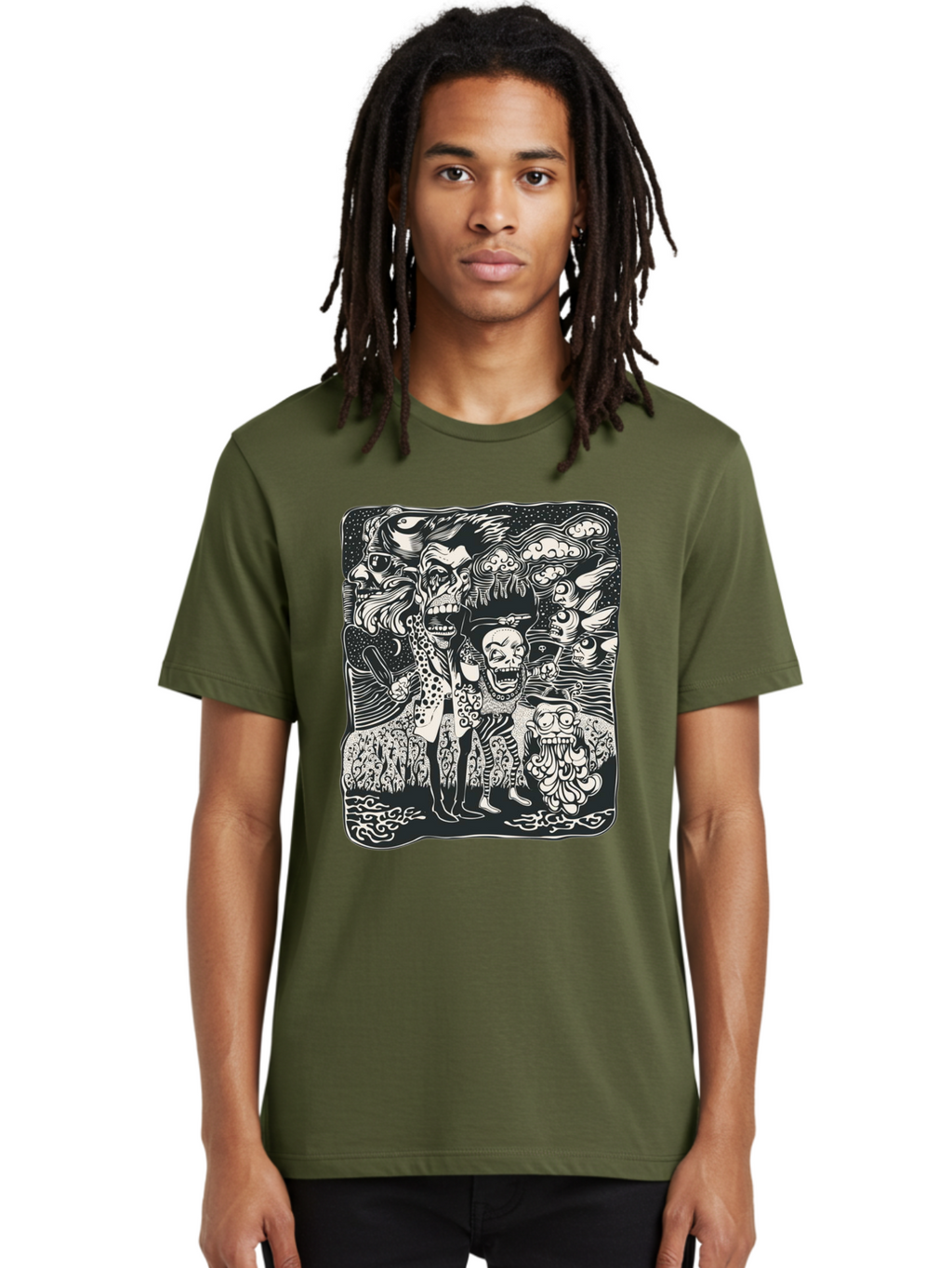 Psycho Parade Men'S Graphic Tee, 100% Cotton, Comfortable Casual Summer Wear, Machine Washable, Pirate Skeletons, Skulls, Zombies, Creepy Figures, Pirate Crew, Black And White Illustration, Detailed Artwork, Abstract Background Aae595
