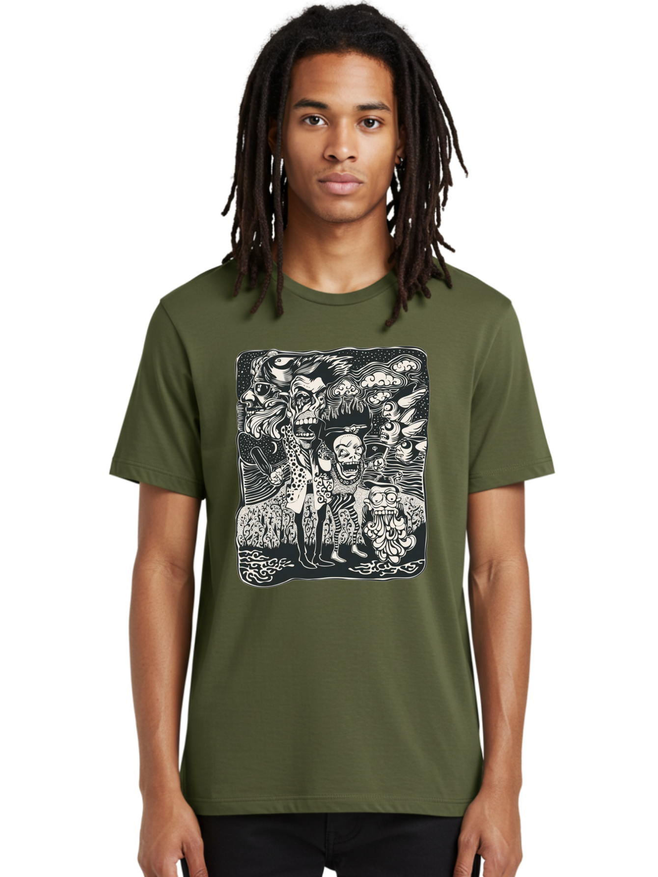 Psycho Parade Men'S Graphic Tee, 100% Cotton, Comfortable Casual Summer Wear, Machine Washable, Pirate Skeletons, Skulls, Zombies, Creepy Figures, Pirate Crew, Black And White Illustration, Detailed Artwork, Abstract Background Aae595