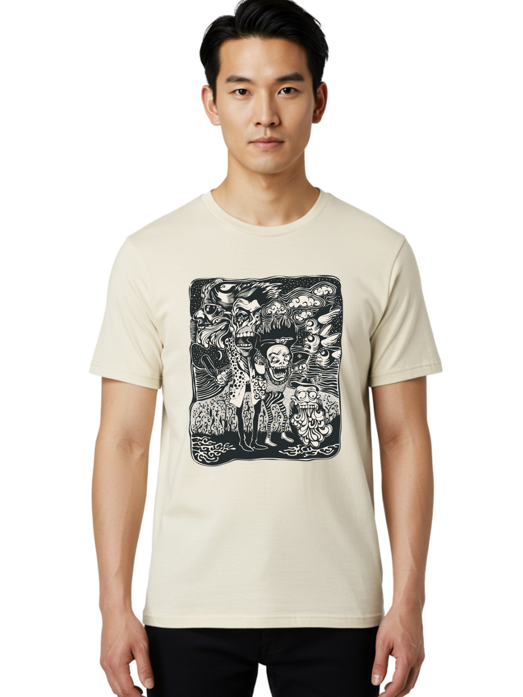 Psycho Parade Men'S Graphic Tee, 100% Cotton, Comfortable Casual Summer Wear, Machine Washable, Pirate Skeletons, Skulls, Zombies, Creepy Figures, Pirate Crew, Black And White Illustration, Detailed Artwork, Abstract Background Aae595