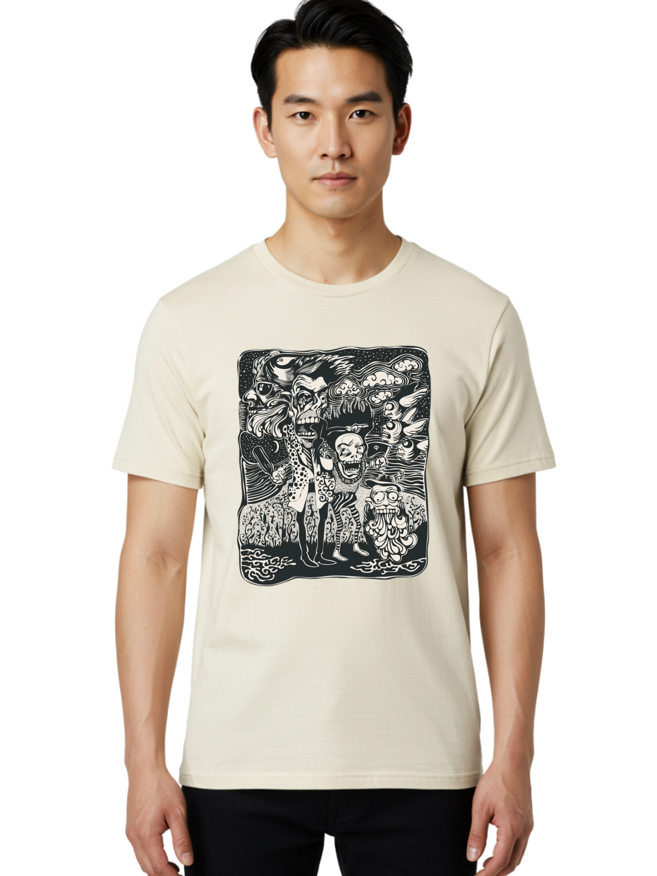 Psycho Parade Men'S Graphic Tee, 100% Cotton, Comfortable Casual Summer Wear, Machine Washable, Pirate Skeletons, Skulls, Zombies, Creepy Figures, Pirate Crew, Black And White Illustration, Detailed Artwork, Abstract Background Aae595