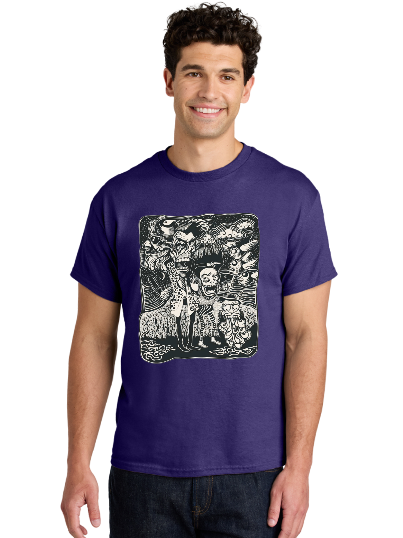 Psycho Parade Men'S Graphic Tee, 100% Cotton, Comfortable Casual Summer Wear, Machine Washable, Pirate Skeletons, Skulls, Zombies, Creepy Figures, Pirate Crew, Black And White Illustration, Detailed Artwork, Abstract Background Aae595