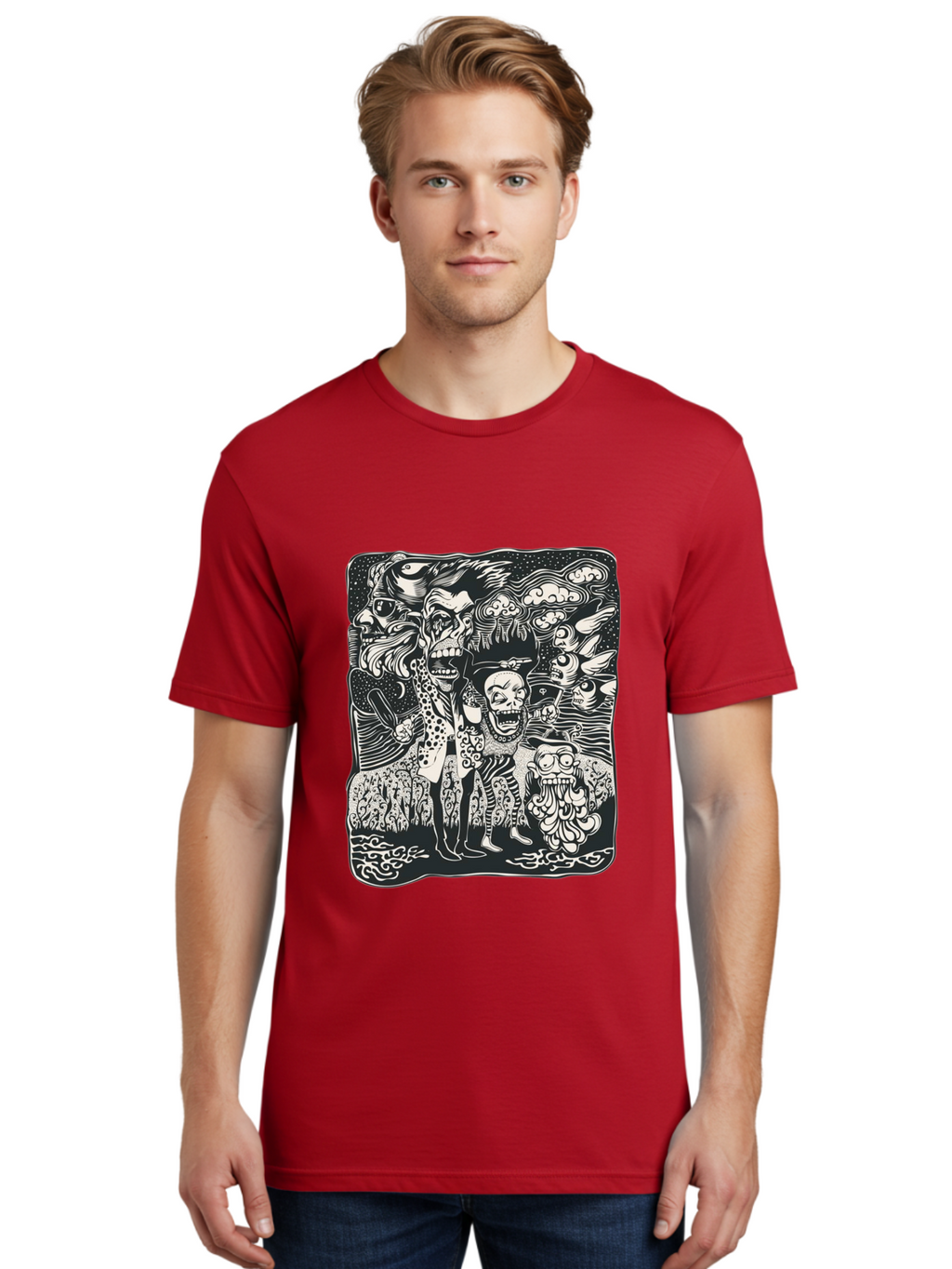 Psycho Parade Men'S Graphic Tee, 100% Cotton, Comfortable Casual Summer Wear, Machine Washable, Pirate Skeletons, Skulls, Zombies, Creepy Figures, Pirate Crew, Black And White Illustration, Detailed Artwork, Abstract Background Aae595