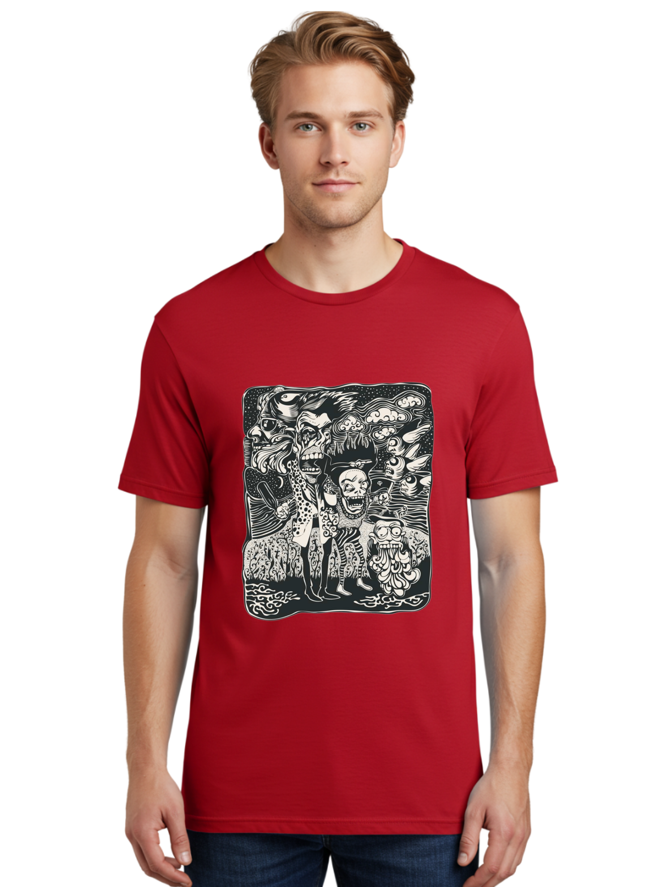 Psycho Parade Men'S Graphic Tee, 100% Cotton, Comfortable Casual Summer Wear, Machine Washable, Pirate Skeletons, Skulls, Zombies, Creepy Figures, Pirate Crew, Black And White Illustration, Detailed Artwork, Abstract Background Aae595