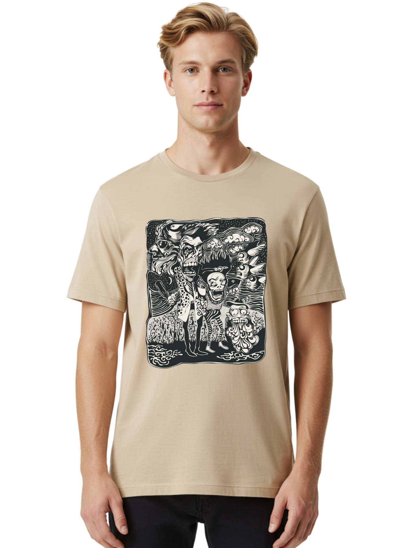 Psycho Parade Men'S Graphic Tee, 100% Cotton, Comfortable Casual Summer Wear, Machine Washable, Pirate Skeletons, Skulls, Zombies, Creepy Figures, Pirate Crew, Black And White Illustration, Detailed Artwork, Abstract Background Aae595