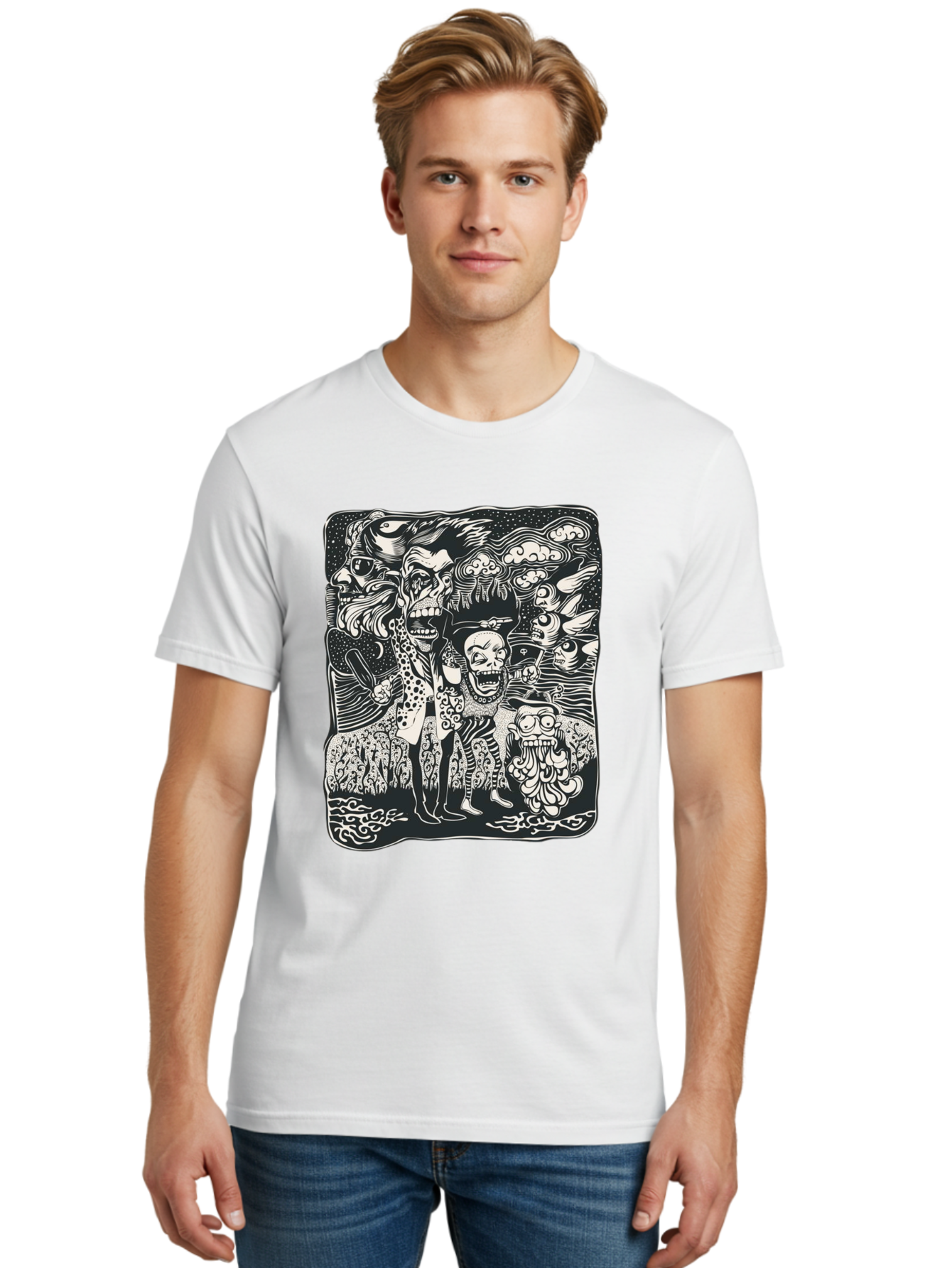 Psycho Parade Men'S Graphic Tee, 100% Cotton, Comfortable Casual Summer Wear, Machine Washable, Pirate Skeletons, Skulls, Zombies, Creepy Figures, Pirate Crew, Black And White Illustration, Detailed Artwork, Abstract Background Aae595