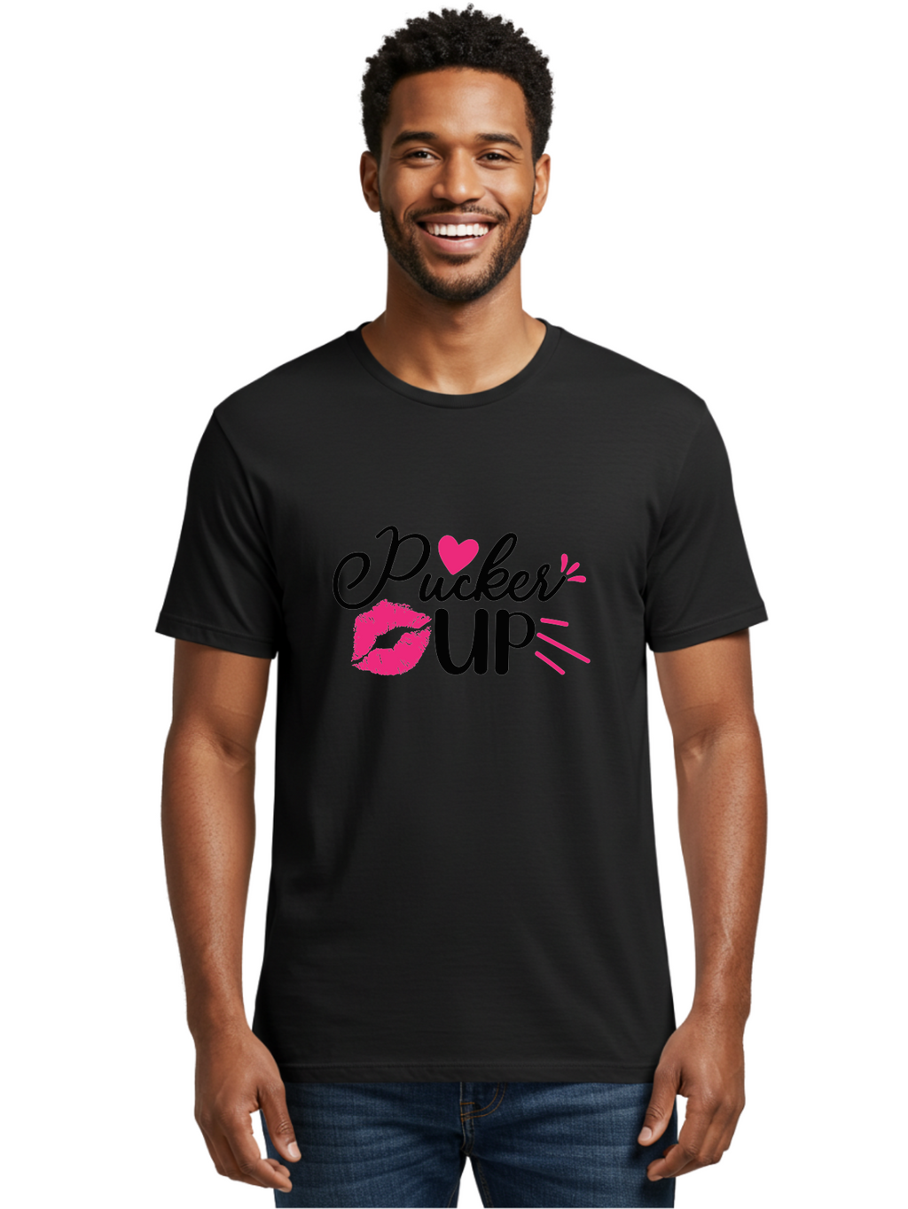 Pucker Up Men'S Graphic Tee, 100% Cotton, Comfortable Casual Summer Wear, Machine Washable, Pucker Up, Kiss Lips, Lipstick Kiss, Heart Shape, Love Symbol, Romantic Gesture, Playful Phrase, Bold Typography Aae596