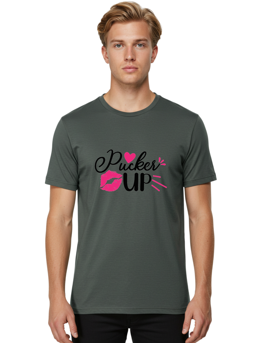 Pucker Up Men'S Graphic Tee, 100% Cotton, Comfortable Casual Summer Wear, Machine Washable, Pucker Up, Kiss Lips, Lipstick Kiss, Heart Shape, Love Symbol, Romantic Gesture, Playful Phrase, Bold Typography Aae596