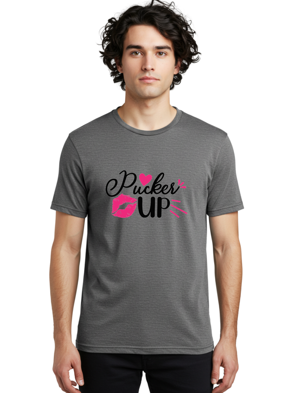 Pucker Up Men'S Graphic Tee, 100% Cotton, Comfortable Casual Summer Wear, Machine Washable, Pucker Up, Kiss Lips, Lipstick Kiss, Heart Shape, Love Symbol, Romantic Gesture, Playful Phrase, Bold Typography Aae596