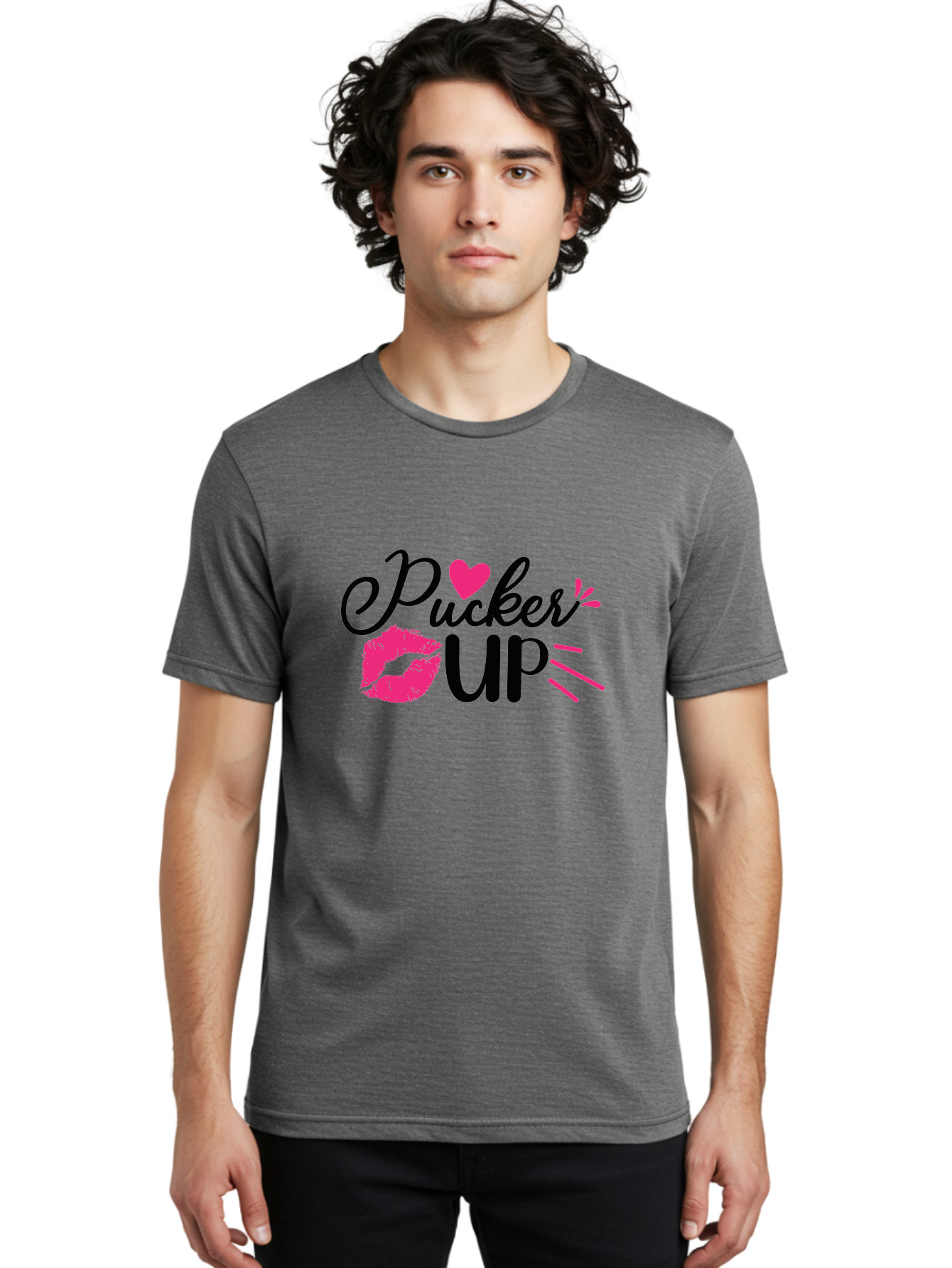 Pucker Up Men'S Graphic Tee, 100% Cotton, Comfortable Casual Summer Wear, Machine Washable, Pucker Up, Kiss Lips, Lipstick Kiss, Heart Shape, Love Symbol, Romantic Gesture, Playful Phrase, Bold Typography Aae596