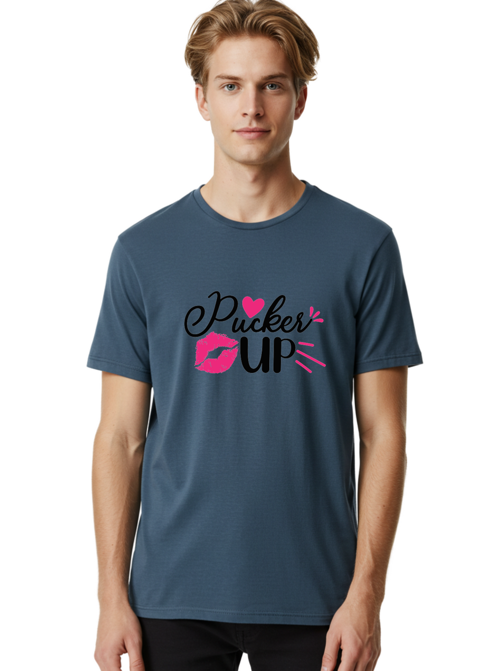 Pucker Up Men'S Graphic Tee, 100% Cotton, Comfortable Casual Summer Wear, Machine Washable, Pucker Up, Kiss Lips, Lipstick Kiss, Heart Shape, Love Symbol, Romantic Gesture, Playful Phrase, Bold Typography Aae596