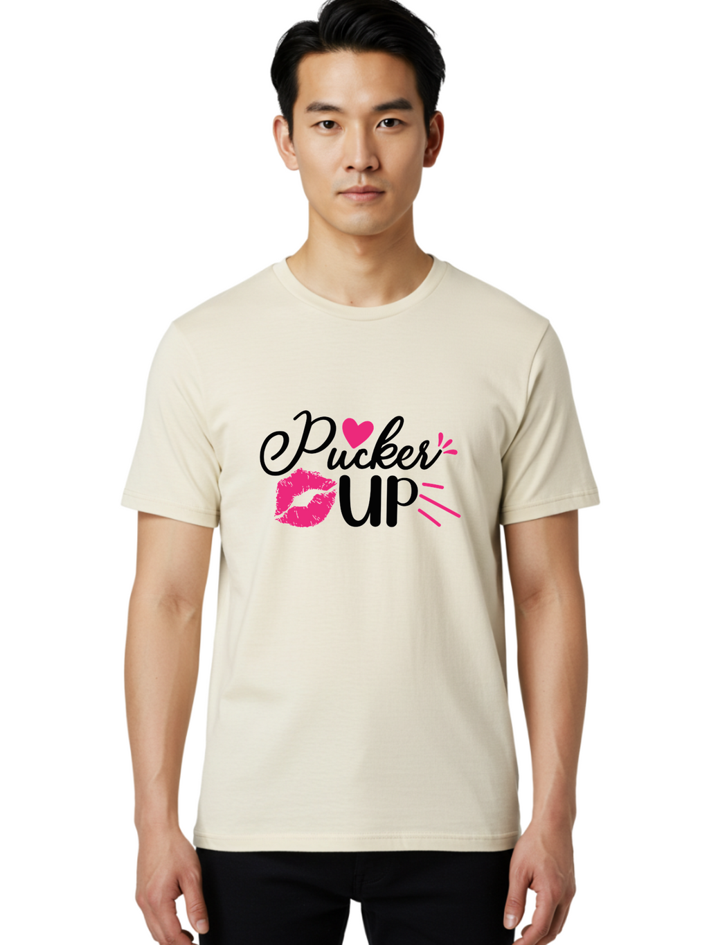 Pucker Up Men'S Graphic Tee, 100% Cotton, Comfortable Casual Summer Wear, Machine Washable, Pucker Up, Kiss Lips, Lipstick Kiss, Heart Shape, Love Symbol, Romantic Gesture, Playful Phrase, Bold Typography Aae596