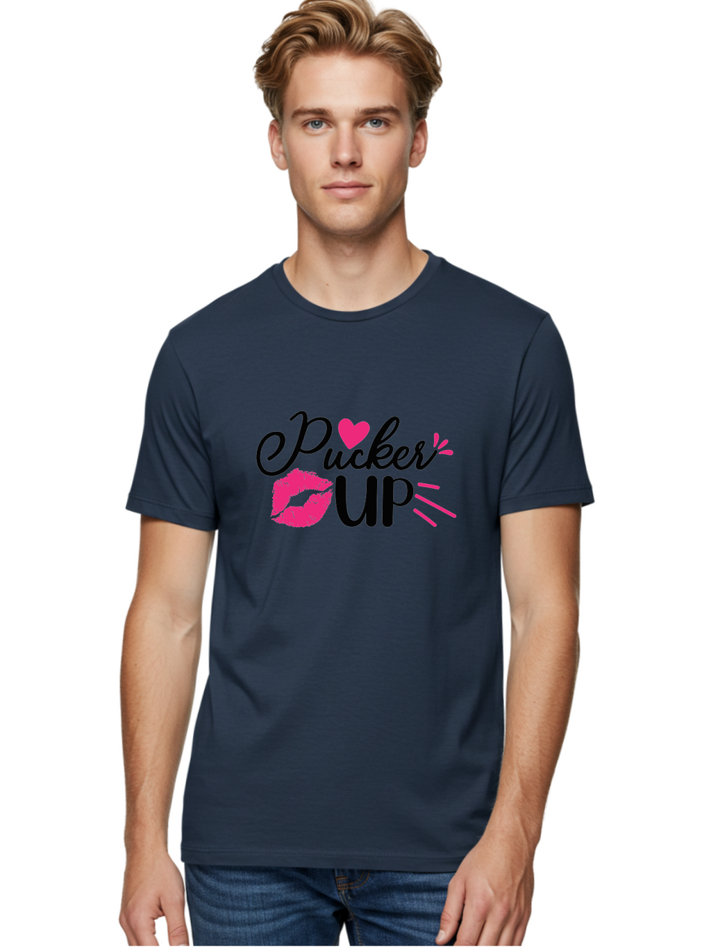 Pucker Up Men'S Graphic Tee, 100% Cotton, Comfortable Casual Summer Wear, Machine Washable, Pucker Up, Kiss Lips, Lipstick Kiss, Heart Shape, Love Symbol, Romantic Gesture, Playful Phrase, Bold Typography Aae596