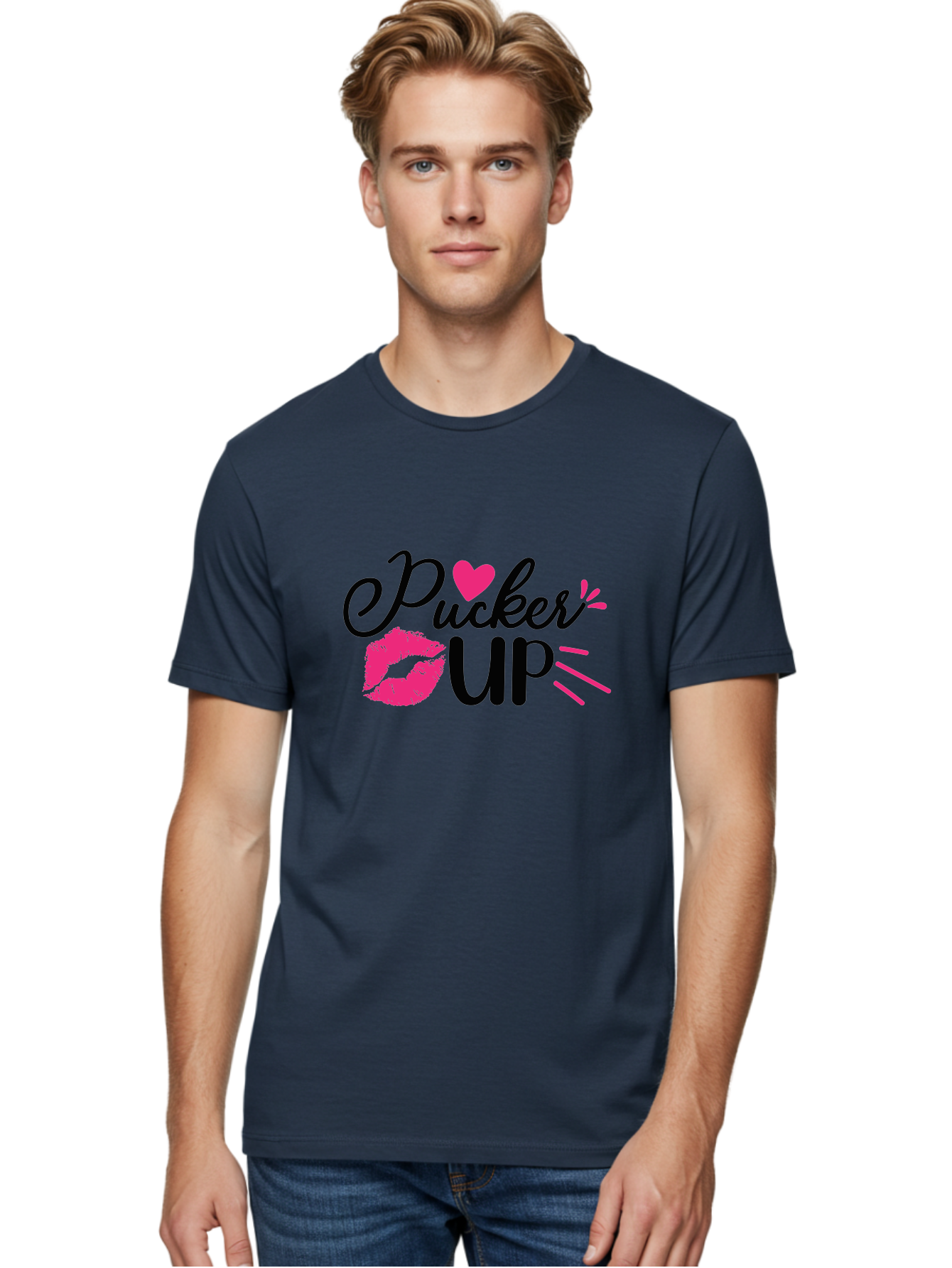 Pucker Up Men'S Graphic Tee, 100% Cotton, Comfortable Casual Summer Wear, Machine Washable, Pucker Up, Kiss Lips, Lipstick Kiss, Heart Shape, Love Symbol, Romantic Gesture, Playful Phrase, Bold Typography Aae596