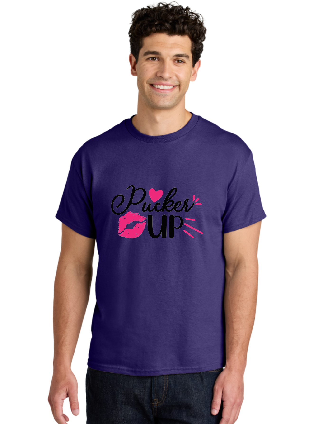 Pucker Up Men'S Graphic Tee, 100% Cotton, Comfortable Casual Summer Wear, Machine Washable, Pucker Up, Kiss Lips, Lipstick Kiss, Heart Shape, Love Symbol, Romantic Gesture, Playful Phrase, Bold Typography Aae596