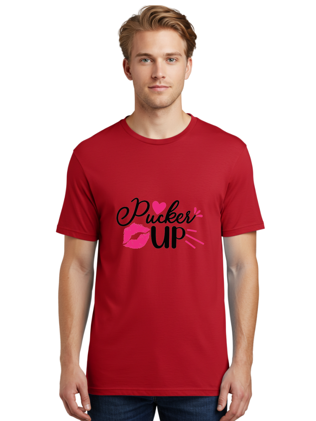 Pucker Up Men'S Graphic Tee, 100% Cotton, Comfortable Casual Summer Wear, Machine Washable, Pucker Up, Kiss Lips, Lipstick Kiss, Heart Shape, Love Symbol, Romantic Gesture, Playful Phrase, Bold Typography Aae596