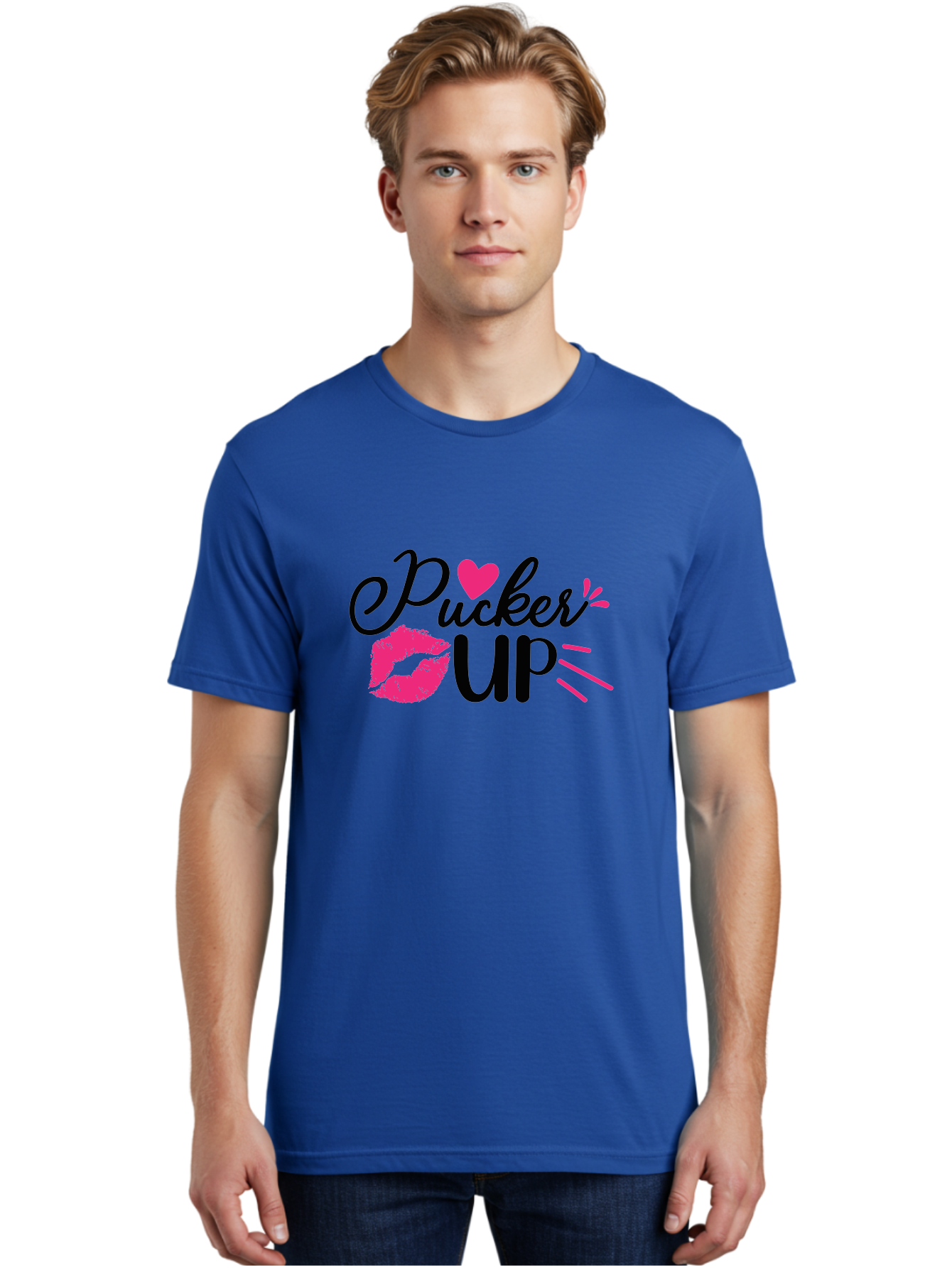 Pucker Up Men'S Graphic Tee, 100% Cotton, Comfortable Casual Summer Wear, Machine Washable, Pucker Up, Kiss Lips, Lipstick Kiss, Heart Shape, Love Symbol, Romantic Gesture, Playful Phrase, Bold Typography Aae596