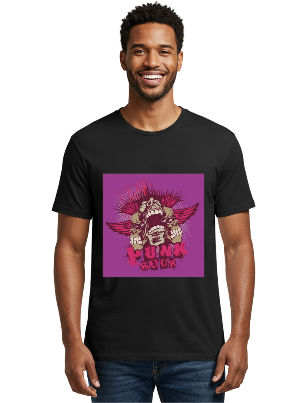Punk Rock Men'S Graphic Tee, 100% Cotton, Comfortable Casual Summer Wear, Machine Washable, Punk Rock, Screaming Skulls, Mohawk Hair, Punk Style, Grunge Aesthetic, Bold Graphics, Skull Art, Edgy Design, Alternative Culture, Punk Fashion Aae601