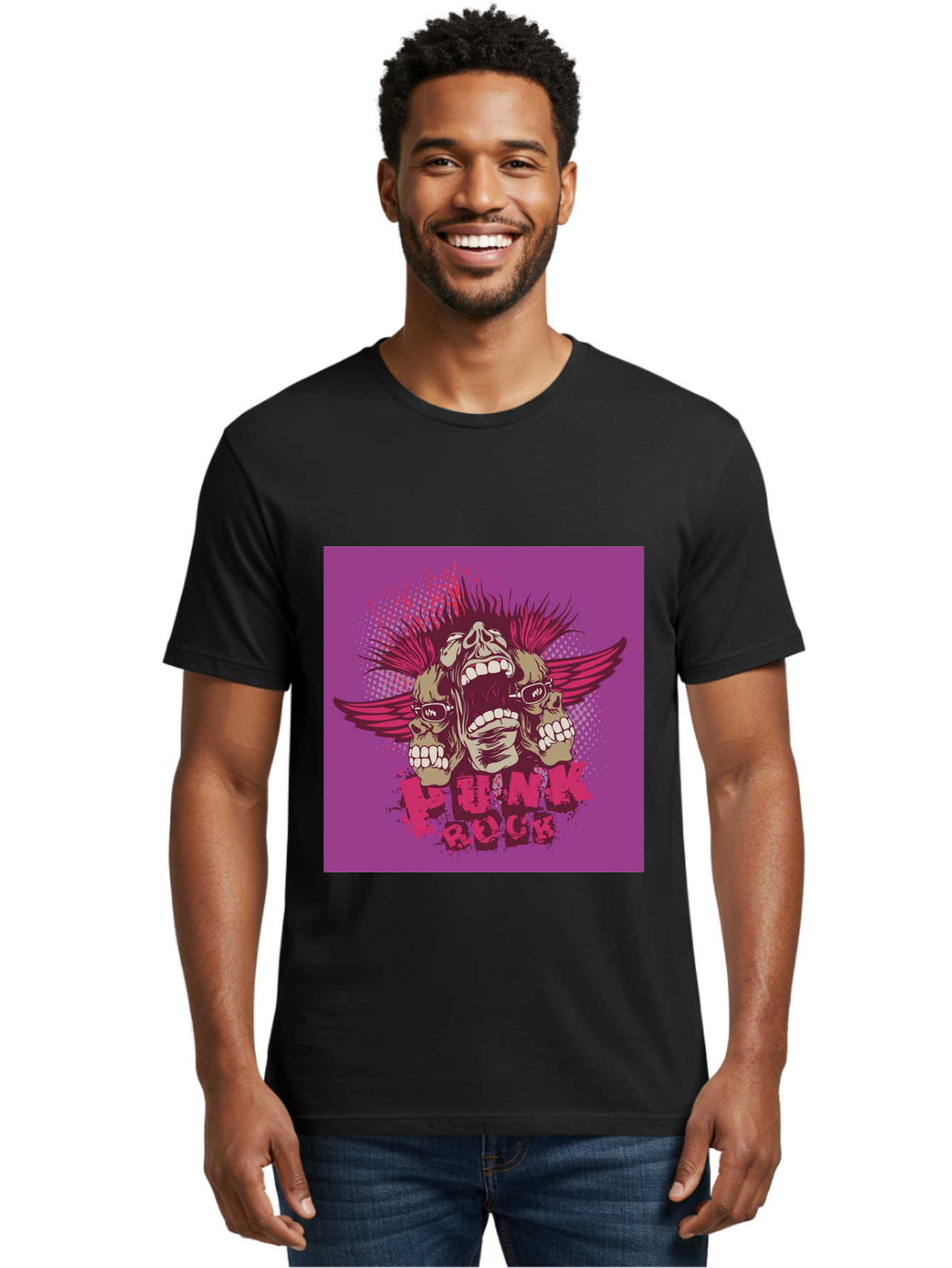 Punk Rock Men'S Graphic Tee, 100% Cotton, Comfortable Casual Summer Wear, Machine Washable, Punk Rock, Screaming Skulls, Mohawk Hair, Punk Style, Grunge Aesthetic, Bold Graphics, Skull Art, Edgy Design, Alternative Culture, Punk Fashion Aae601