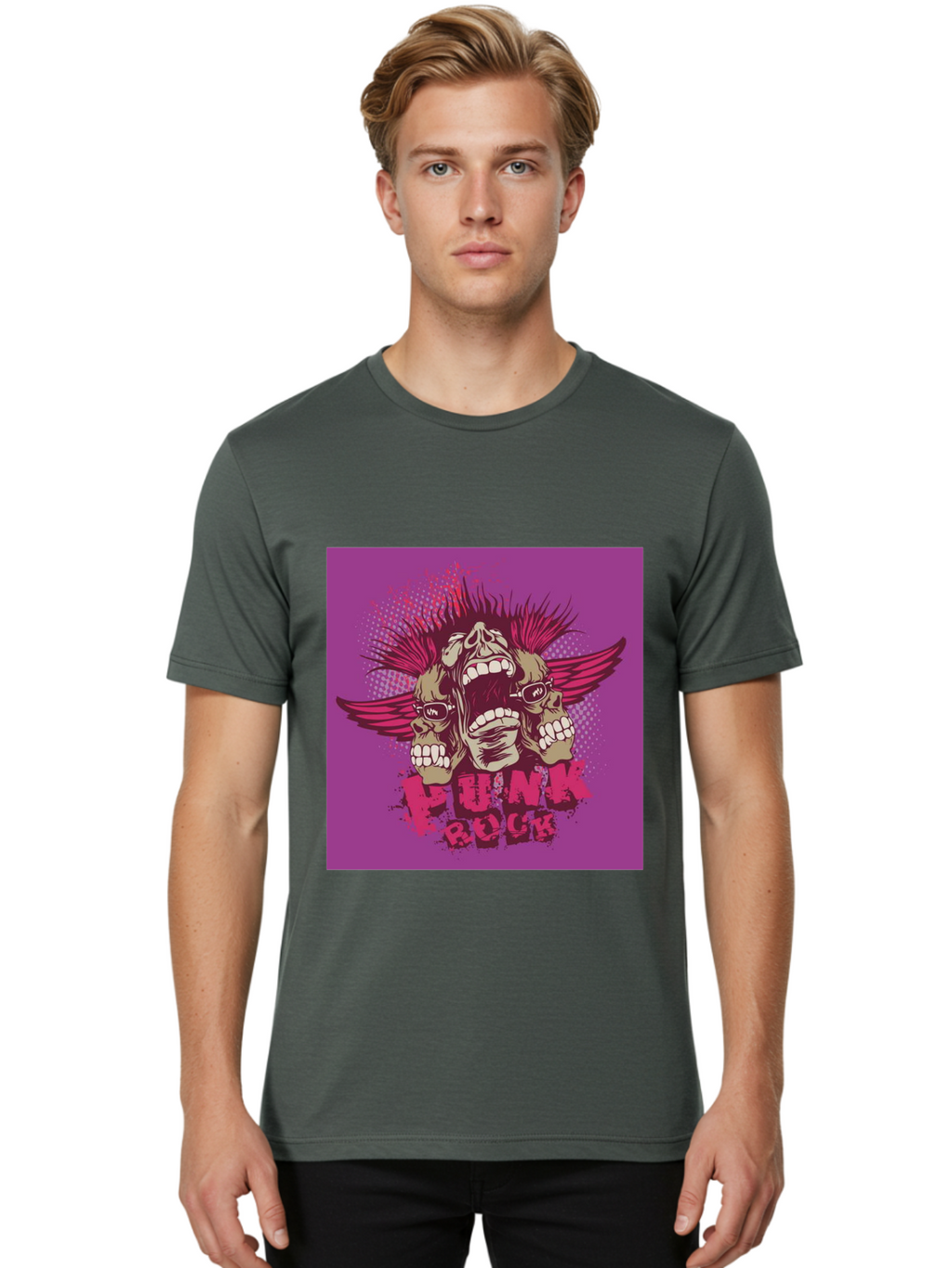 Punk Rock Men'S Graphic Tee, 100% Cotton, Comfortable Casual Summer Wear, Machine Washable, Punk Rock, Screaming Skulls, Mohawk Hair, Punk Style, Grunge Aesthetic, Bold Graphics, Skull Art, Edgy Design, Alternative Culture, Punk Fashion Aae601