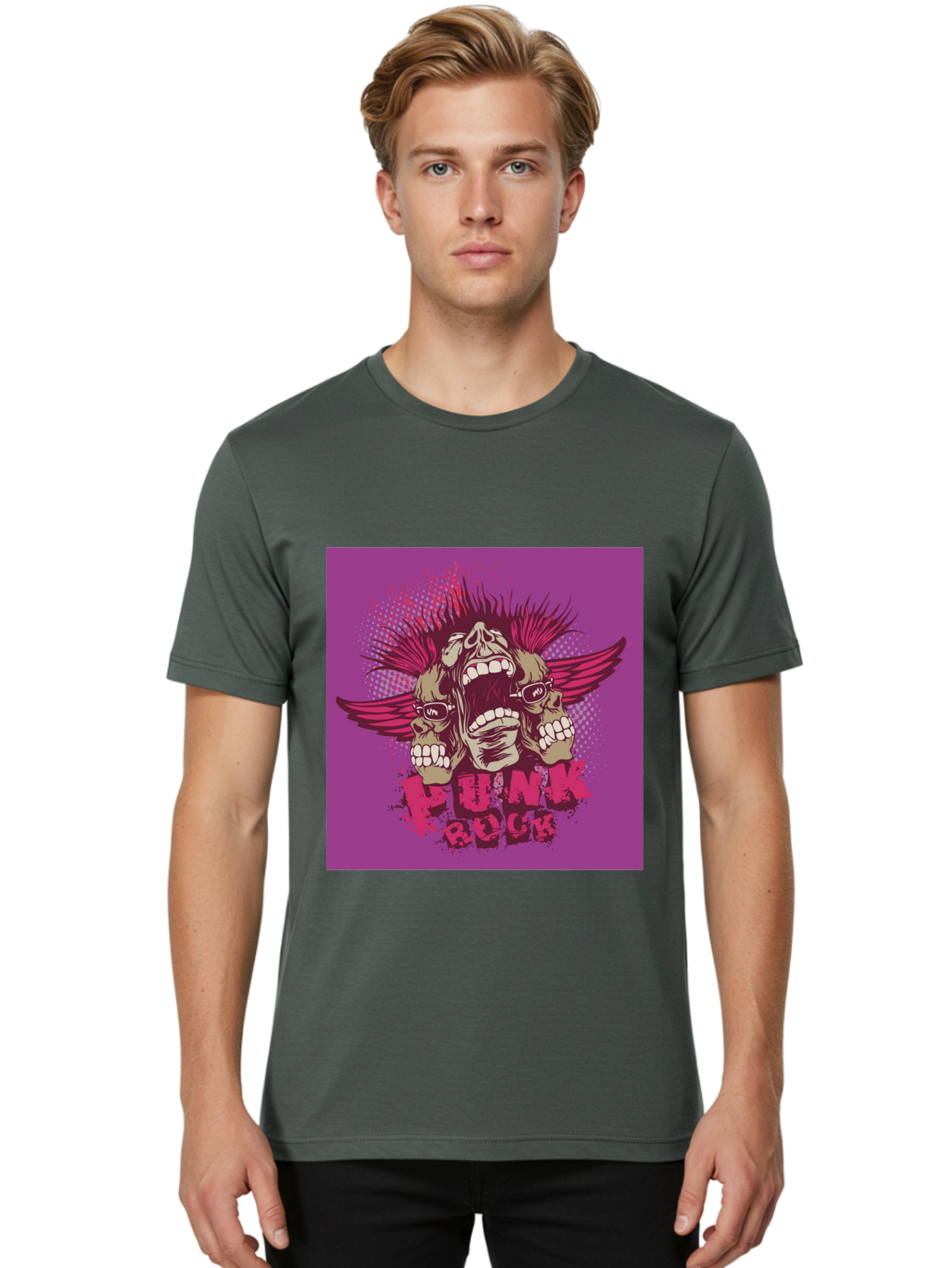 Punk Rock Men'S Graphic Tee, 100% Cotton, Comfortable Casual Summer Wear, Machine Washable, Punk Rock, Screaming Skulls, Mohawk Hair, Punk Style, Grunge Aesthetic, Bold Graphics, Skull Art, Edgy Design, Alternative Culture, Punk Fashion Aae601