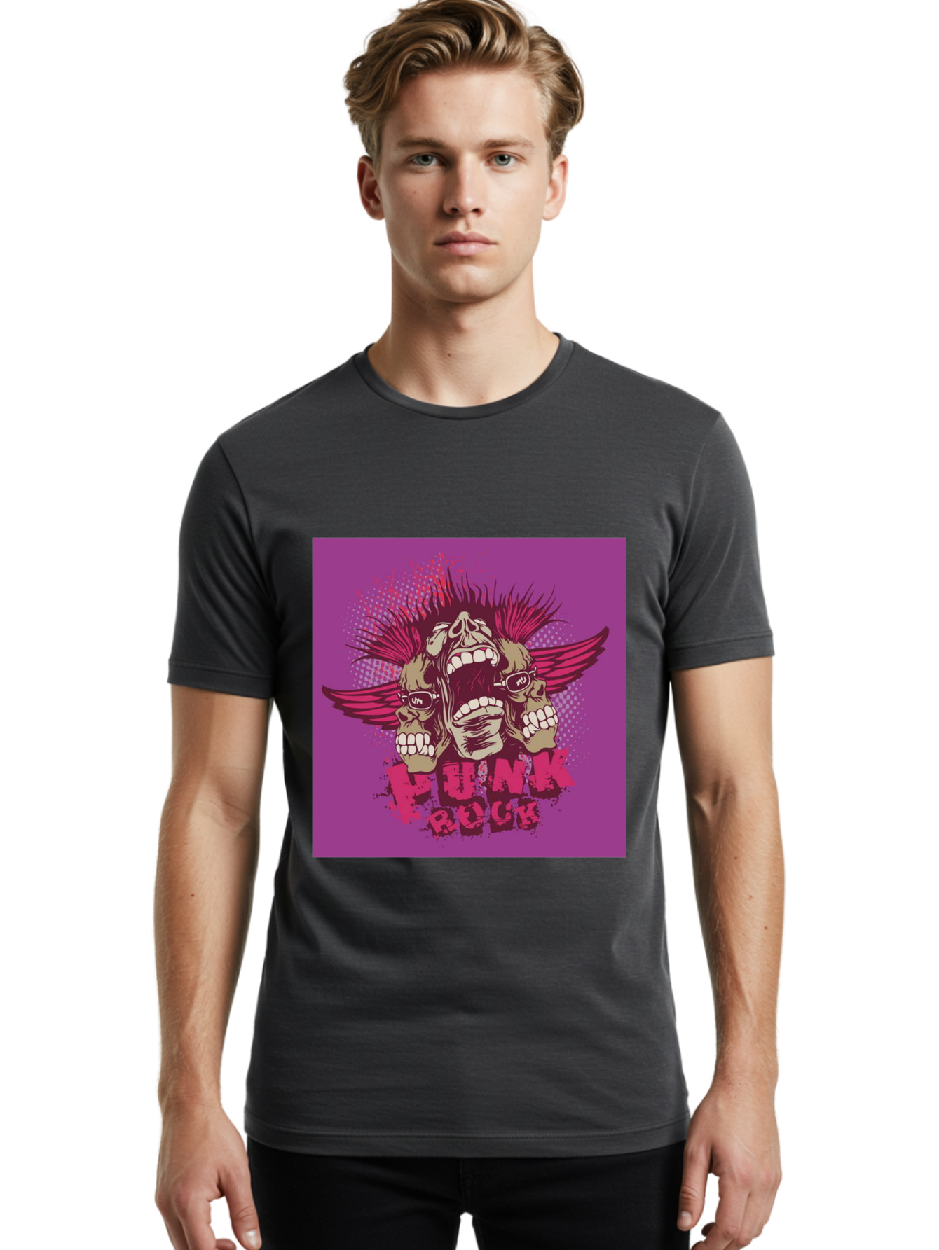 Punk Rock Men'S Graphic Tee, 100% Cotton, Comfortable Casual Summer Wear, Machine Washable, Punk Rock, Screaming Skulls, Mohawk Hair, Punk Style, Grunge Aesthetic, Bold Graphics, Skull Art, Edgy Design, Alternative Culture, Punk Fashion Aae601