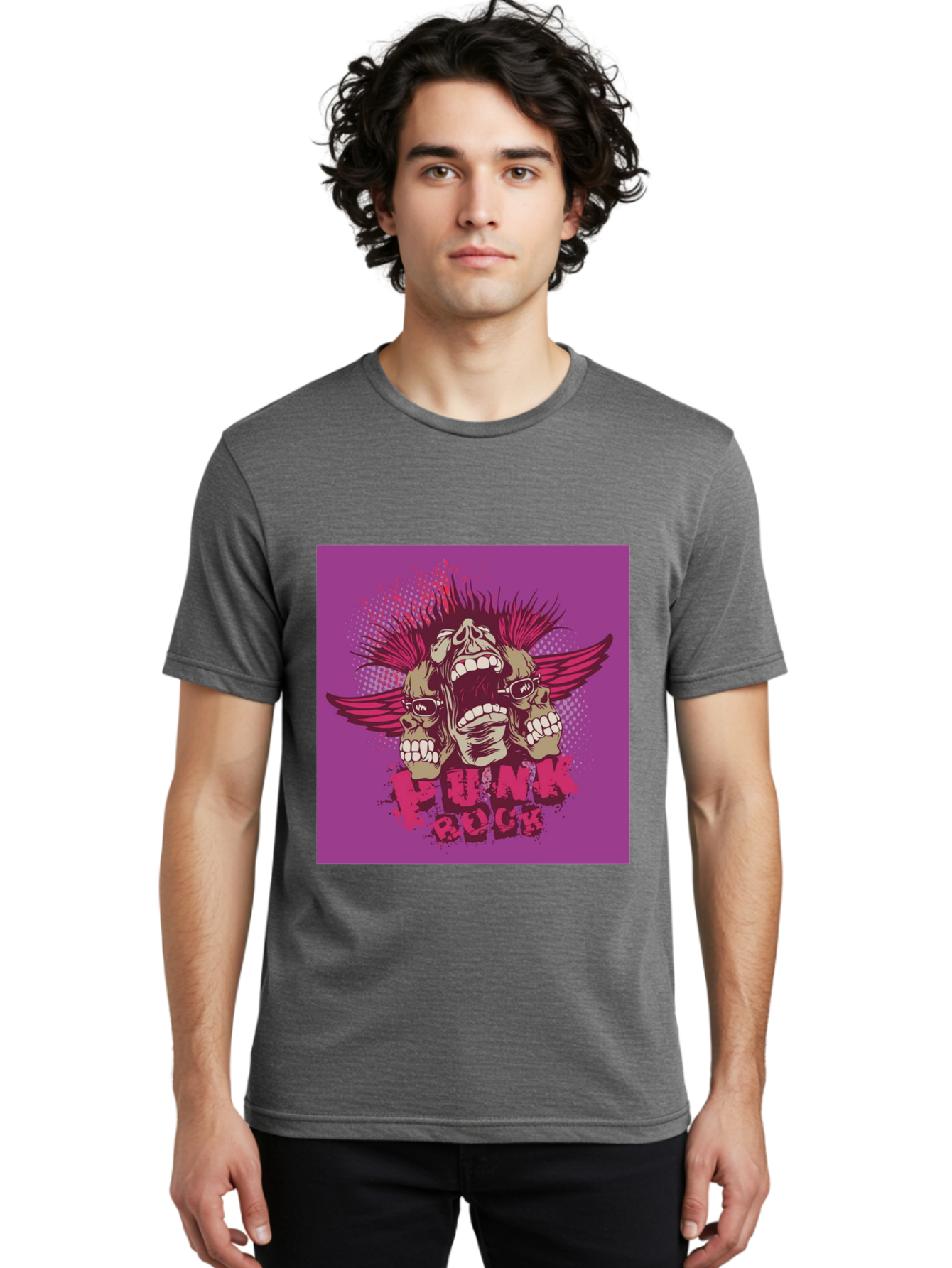 Punk Rock Men'S Graphic Tee, 100% Cotton, Comfortable Casual Summer Wear, Machine Washable, Punk Rock, Screaming Skulls, Mohawk Hair, Punk Style, Grunge Aesthetic, Bold Graphics, Skull Art, Edgy Design, Alternative Culture, Punk Fashion Aae601