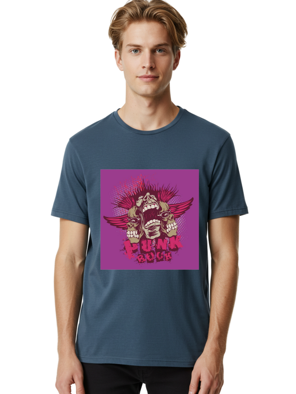 Punk Rock Men'S Graphic Tee, 100% Cotton, Comfortable Casual Summer Wear, Machine Washable, Punk Rock, Screaming Skulls, Mohawk Hair, Punk Style, Grunge Aesthetic, Bold Graphics, Skull Art, Edgy Design, Alternative Culture, Punk Fashion Aae601