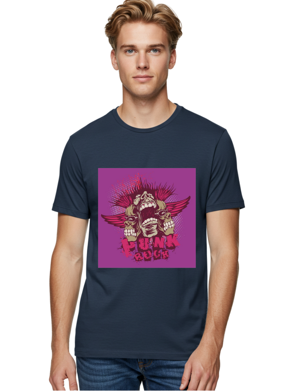 Punk Rock Men'S Graphic Tee, 100% Cotton, Comfortable Casual Summer Wear, Machine Washable, Punk Rock, Screaming Skulls, Mohawk Hair, Punk Style, Grunge Aesthetic, Bold Graphics, Skull Art, Edgy Design, Alternative Culture, Punk Fashion Aae601