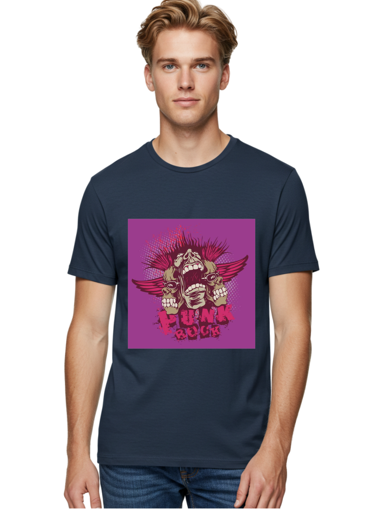 Punk Rock Men'S Graphic Tee, 100% Cotton, Comfortable Casual Summer Wear, Machine Washable, Punk Rock, Screaming Skulls, Mohawk Hair, Punk Style, Grunge Aesthetic, Bold Graphics, Skull Art, Edgy Design, Alternative Culture, Punk Fashion Aae601
