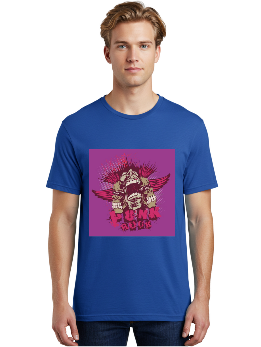 Punk Rock Men'S Graphic Tee, 100% Cotton, Comfortable Casual Summer Wear, Machine Washable, Punk Rock, Screaming Skulls, Mohawk Hair, Punk Style, Grunge Aesthetic, Bold Graphics, Skull Art, Edgy Design, Alternative Culture, Punk Fashion Aae601