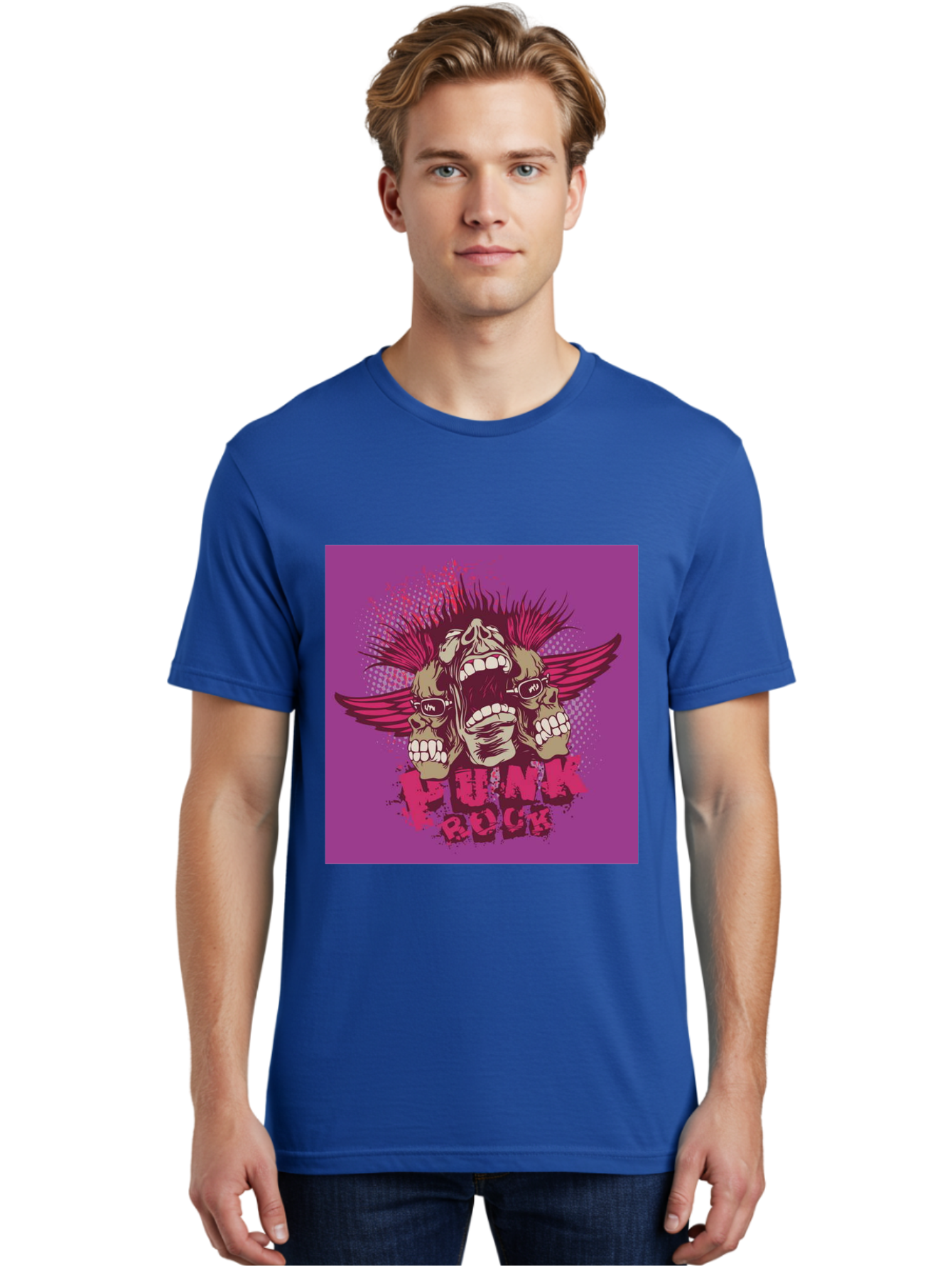 Punk Rock Men'S Graphic Tee, 100% Cotton, Comfortable Casual Summer Wear, Machine Washable, Punk Rock, Screaming Skulls, Mohawk Hair, Punk Style, Grunge Aesthetic, Bold Graphics, Skull Art, Edgy Design, Alternative Culture, Punk Fashion Aae601