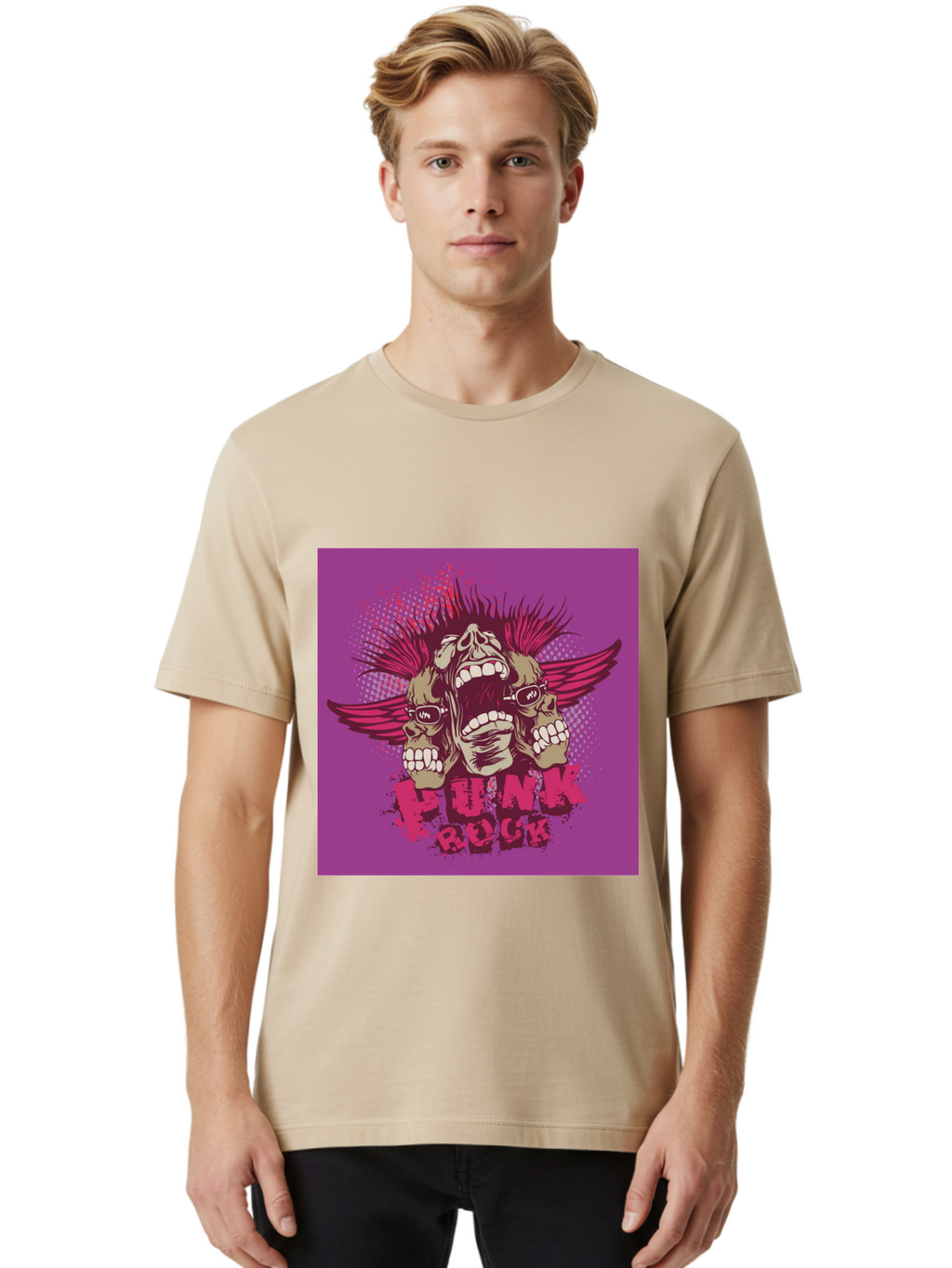 Punk Rock Men'S Graphic Tee, 100% Cotton, Comfortable Casual Summer Wear, Machine Washable, Punk Rock, Screaming Skulls, Mohawk Hair, Punk Style, Grunge Aesthetic, Bold Graphics, Skull Art, Edgy Design, Alternative Culture, Punk Fashion Aae601
